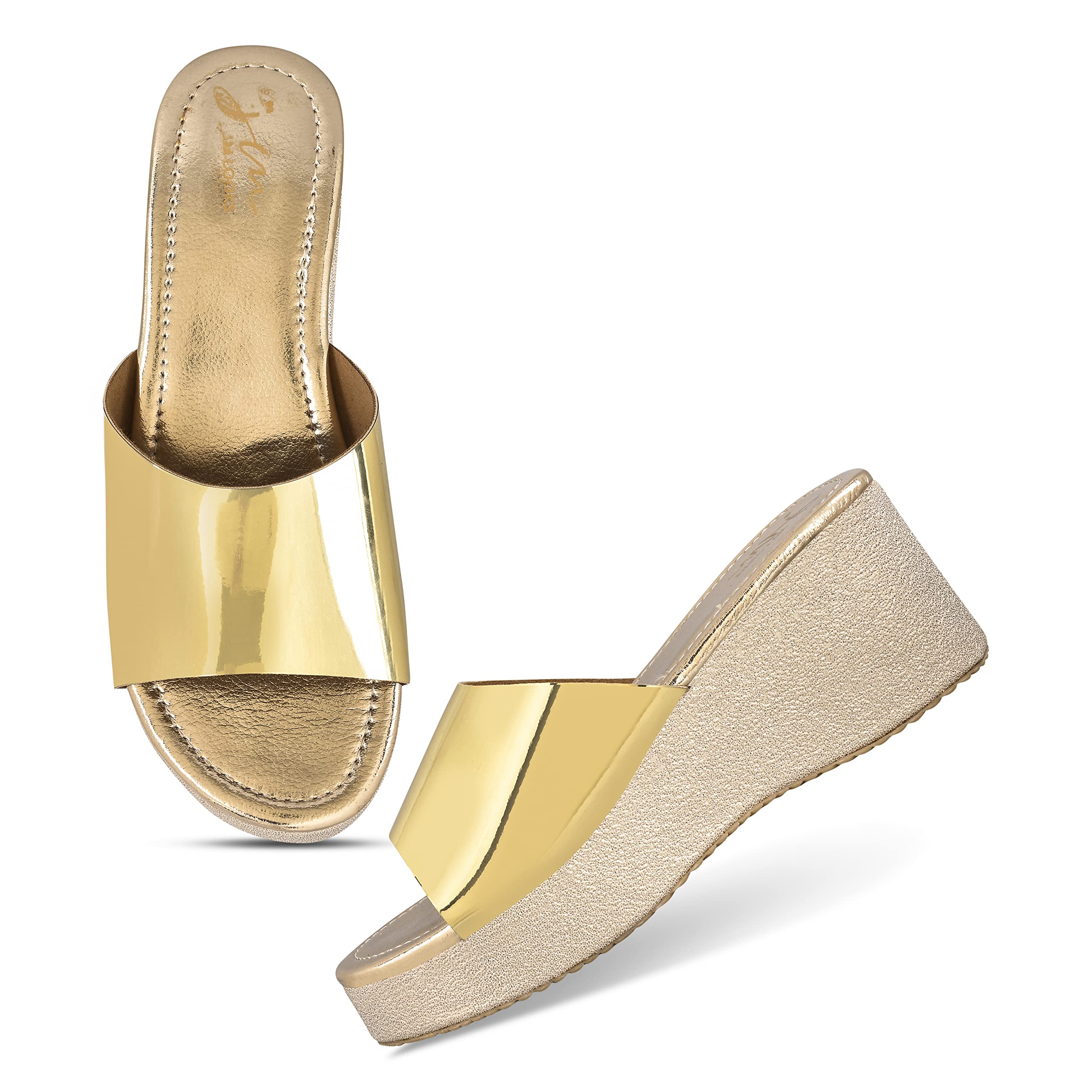 JM LOOKS Womens Fashion Gold Sandals Comfortable and Stylish Wedge Slip-ON For Casual & Formal Occasions (B0BRL2GTBY) Amazon Price History, Amazon Price Tracker