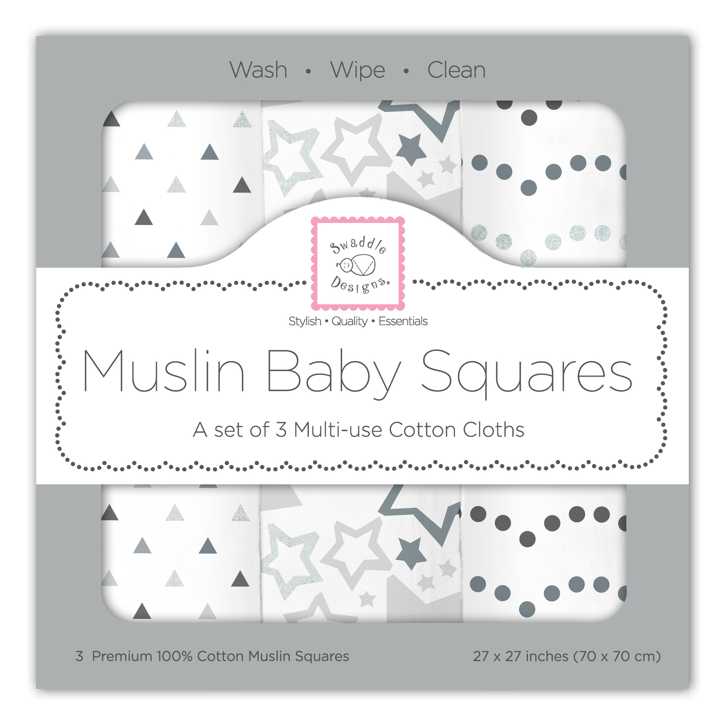 SwaddleDesignsCotton Muslin Squares, Set of 3, Sterling Starshine Shimmer