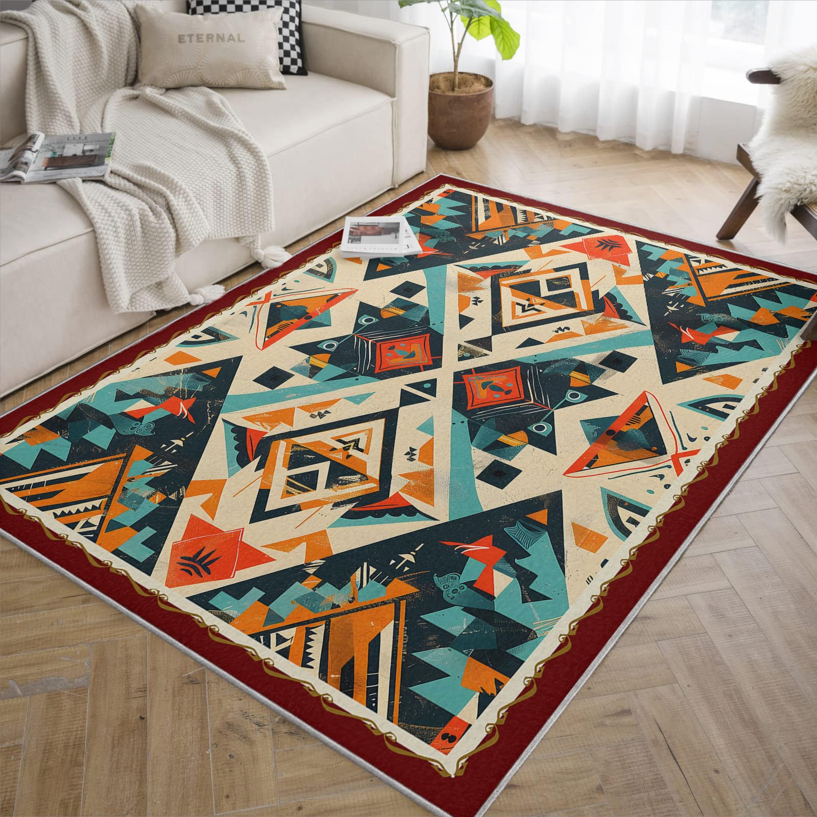 Nadający się do prania dywan do salonu, duży, miękki, aztecka geometria, antypoślizgowy, w stylu boho, odporny na plamy, podłoga wewnętrzna do sypialni, pokoju dziecięcego, jadalni, domu