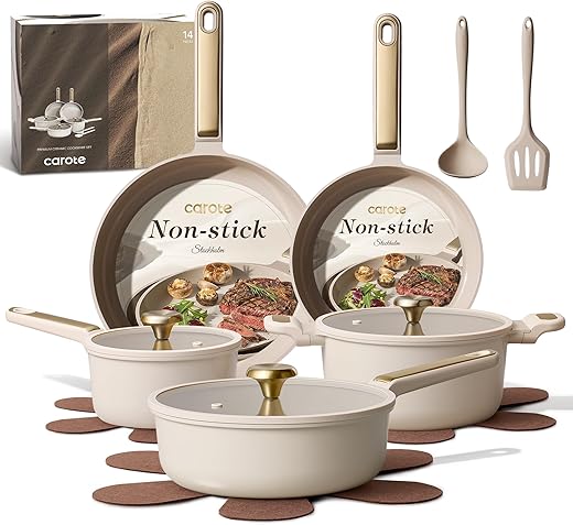 CAROTE A14320 14-Pc Nonstick Ceramic Cookware Set, Induction