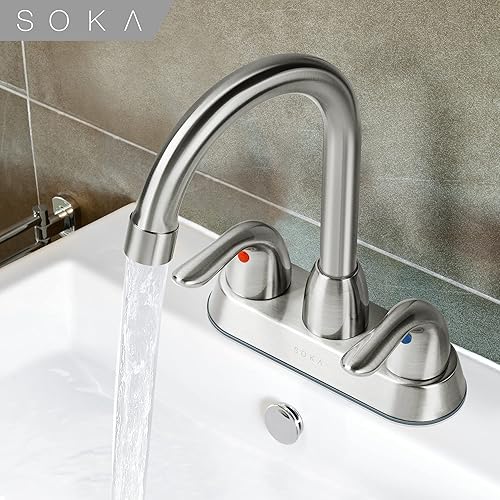 Miniatura 2 de SOKA SK18001NY - Grifo de lavabo central dos asas de arco alto 4 pulgadas con placa de cubierta y drenaje emergente instalación de 3 agujeros níquel