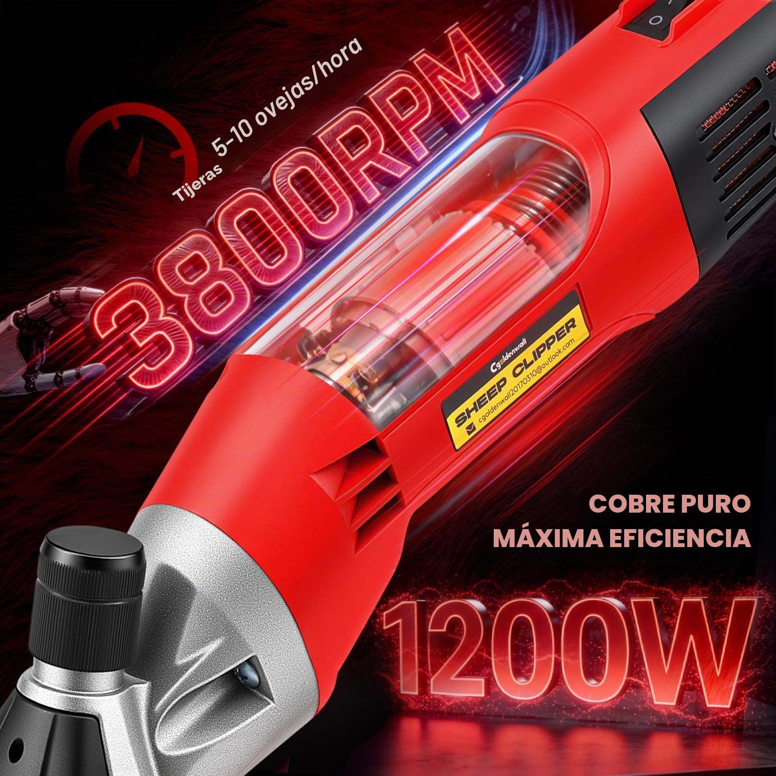 CGOLDENWALL Esquiladora Oveja Profesional 1200W, 6 Velocidades, Cabras | 3800RPM, Motor Alto Rendimiento, Cuchilla 13 Dientes, Alpacas, Ganado Pelaje Grueso, Rojo