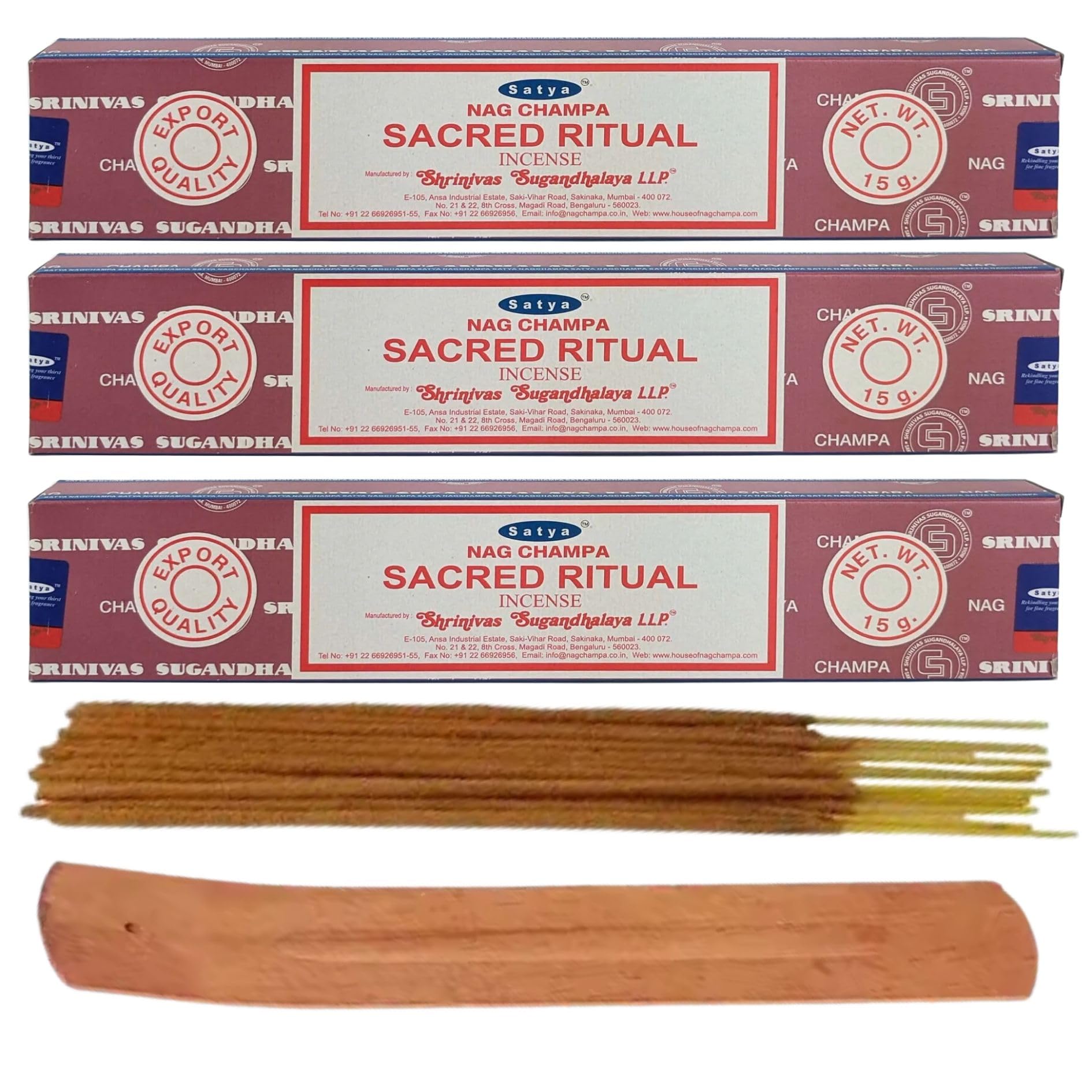 Satya Nag Champa Incense Sticks Pack of 3 X 15G with Free Holder Agarbatti for Home, Outdoor, Aromatherapy, Spa, Yoga, Meditation, Healing (Sacred Ritual PACK OF 3 Free Holder)
