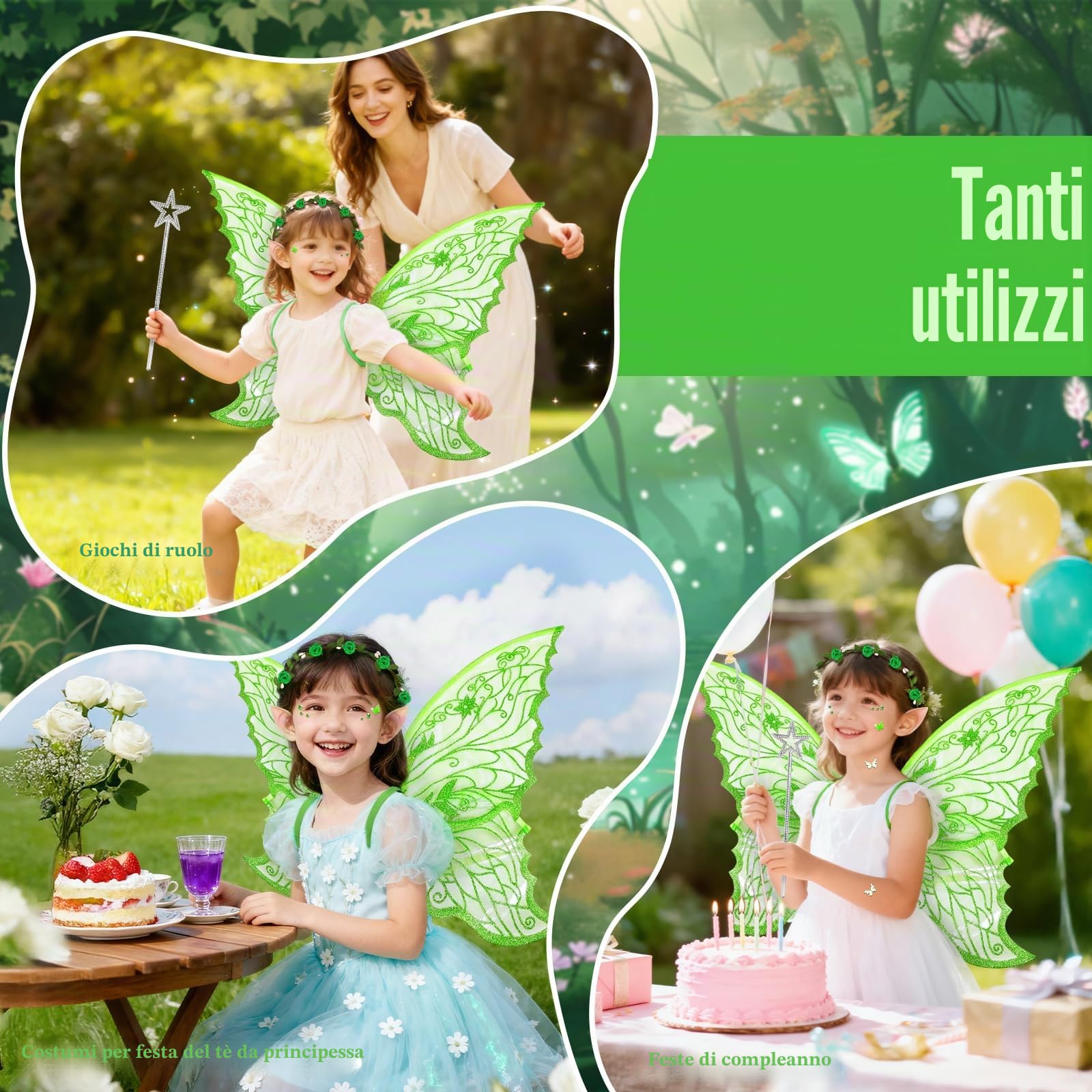 5 Pezzi Ali da Fata a Forma di Farfalla,con Orecchie da Elfo,Cerchietto da Fata,Bacchette di Fata a Stella,Adesivo Farfalla,per Carnevale,Compleanno,Giochi di Ruolo.3-12(Verde)