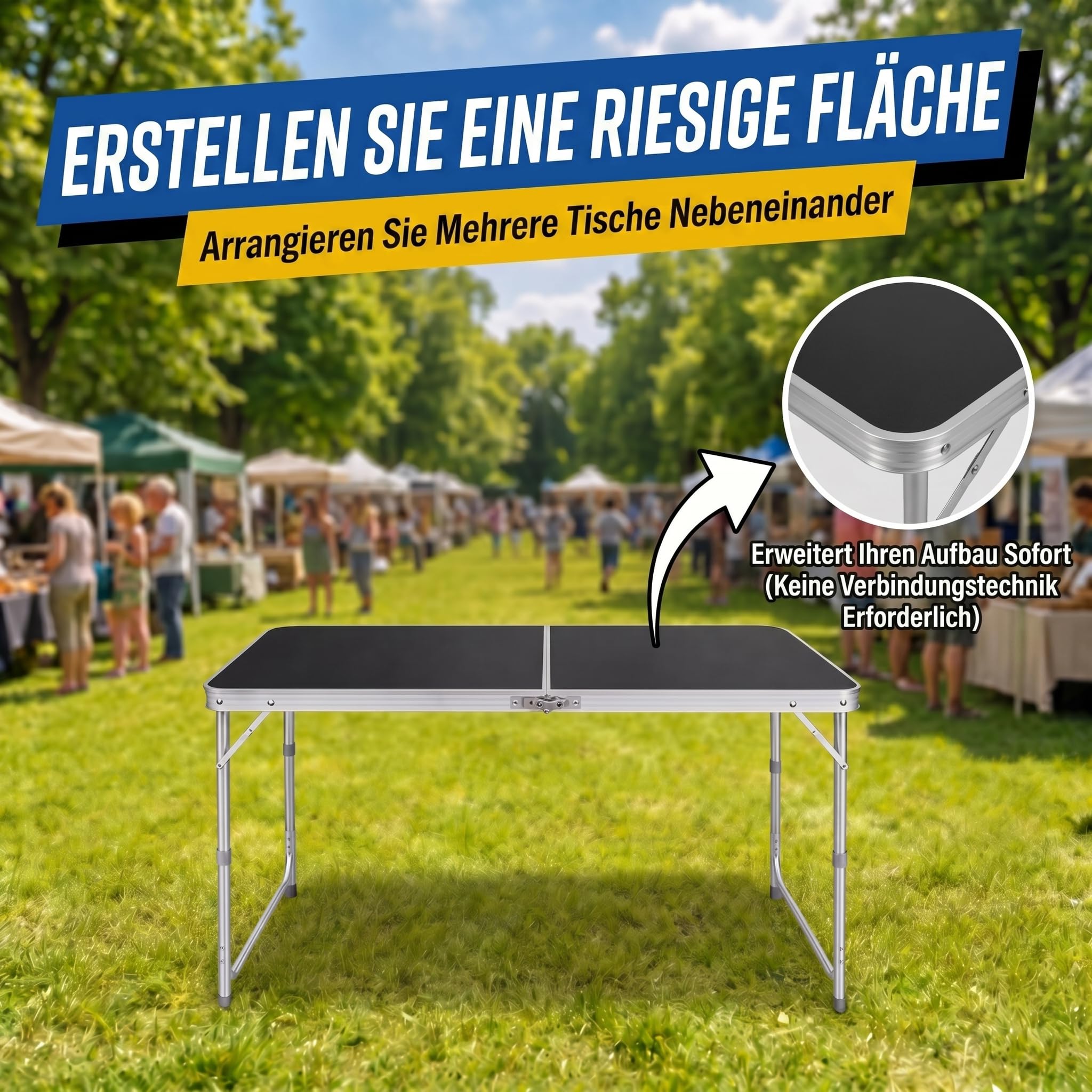 Klappbarer Multifunktionstisch Mehrzwecktisch Campingtisch Klapptisch Markttisch höhenverstellbarer Tapeziertisch Beistelltisch zum Campen im Garten für Festivalls Märkte (Schwarz: 120 x 60 cm)