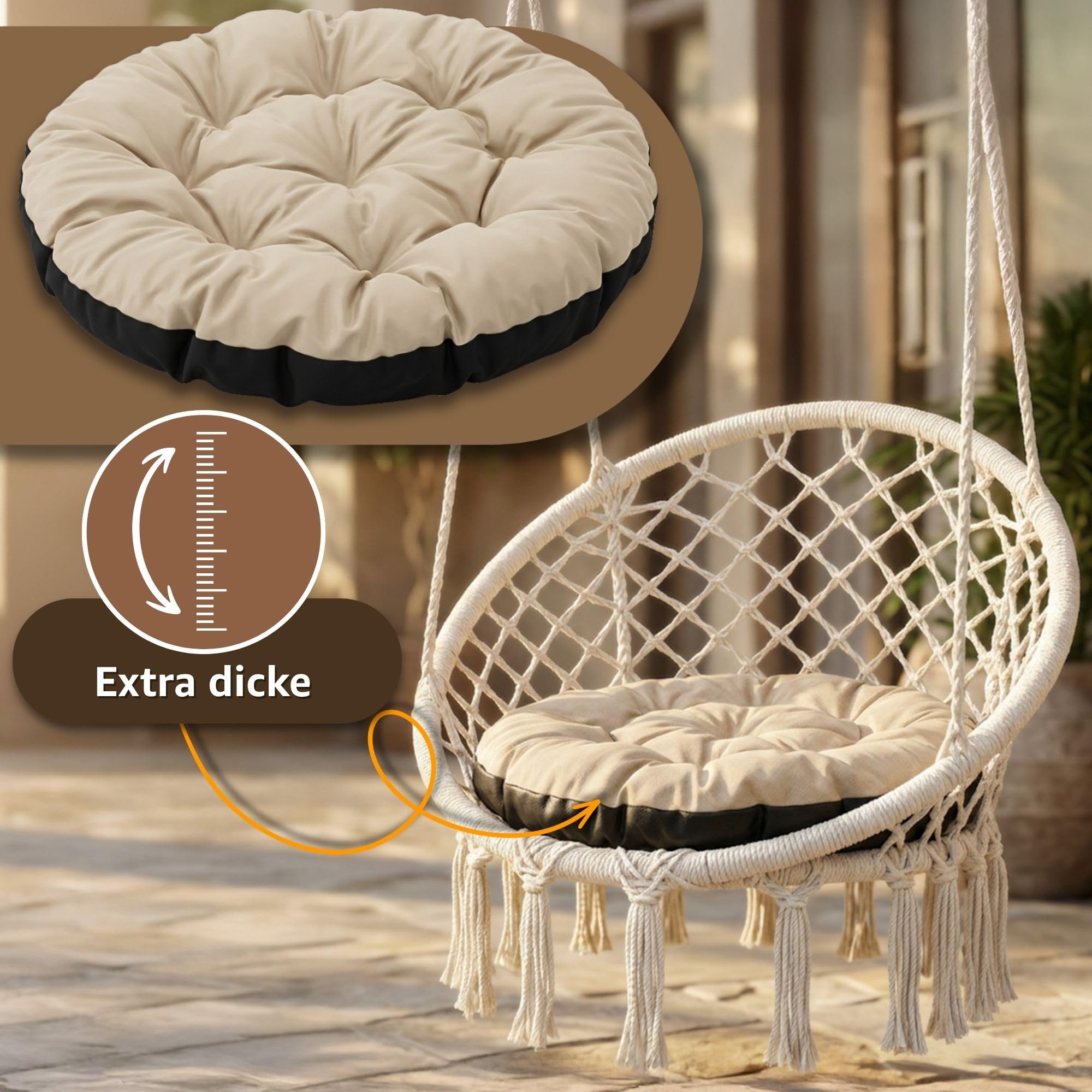 Amazinggirl Cojín Redondo Jardin para sillas Colgante et Silla Ratan 60 cm - Cojin para Hamaca Cojines Redondos de Asiento Exterior o Interior Beige Sombra B