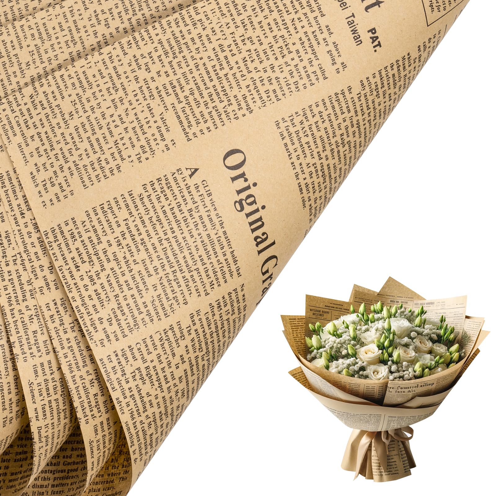 RUSPEPA 20 Sheets Kraft Newspaper Flower Wrapping Paper, Reversible Floral Bouquet Paper, Black Font Kraft Newsprint Design for Birthday, Florist