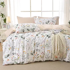 Duvet Cover King Size, Reversible Floral Vintage Duvet Cover Set with Zipper Closure, 3 Pieces Botanical Patterns Soft Microfiber Bedding Set (90"x104", 2 Pillow Cases 20"×36", Garden Leaves White)