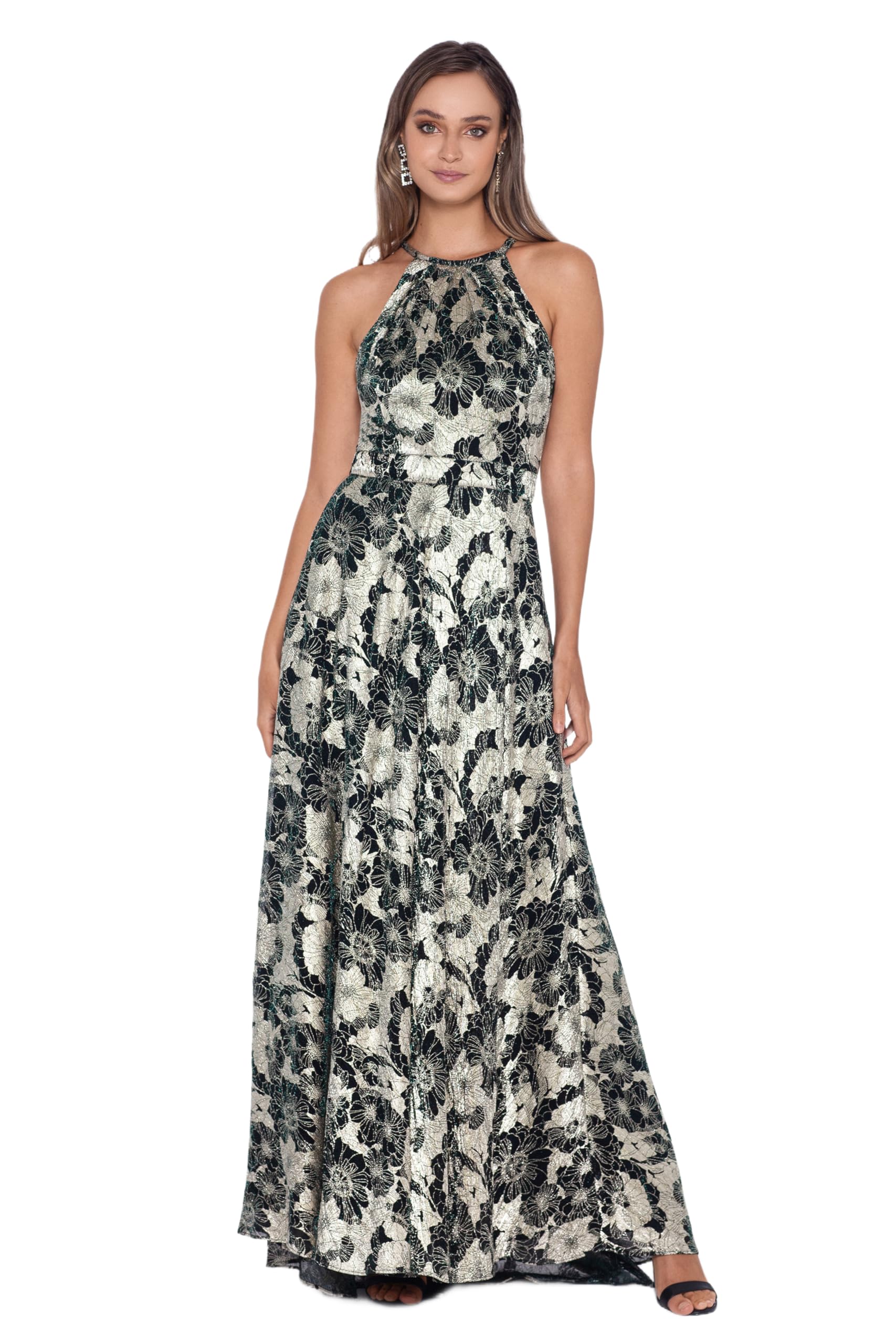 Betsy &amp; Adam Women's Women's Halter Neck, Floor-Length, Wrap Dress with Foil Print Detail