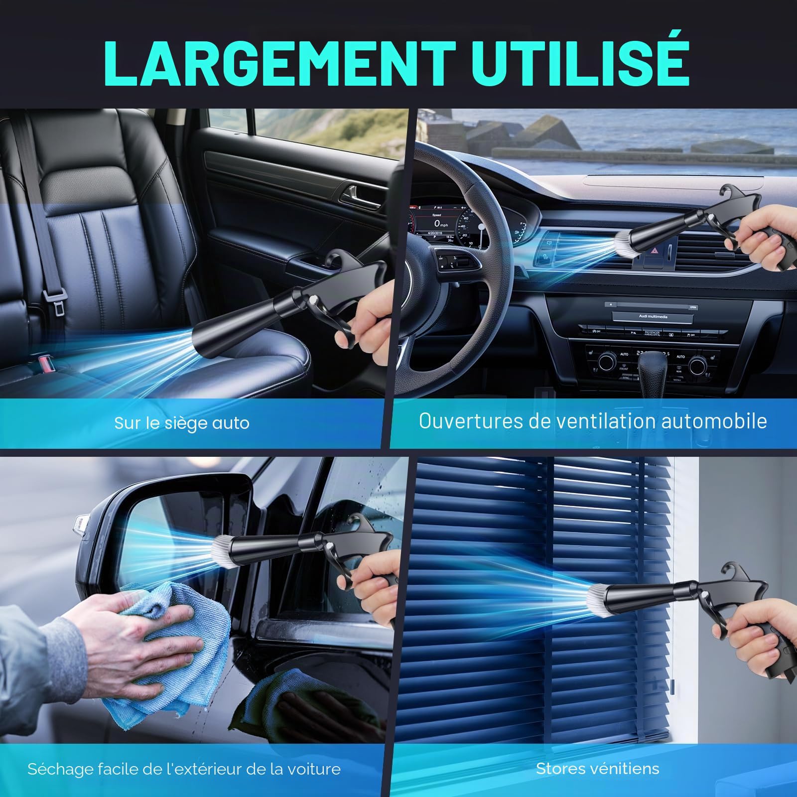 Pistolet de nettoyage à sec haute pression pour voiture, pistolet à air de séchage intérieur avec 2 buses pour évacuer rapidement la saleté et la poussière avec flux d'air