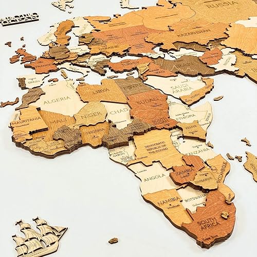 Miniatura 5 de Decoración de pared de mapa del mundo de madera, multicapa, madera teñida multicolor, nombres grabados, diseño 3D único, para cocina, oficina,