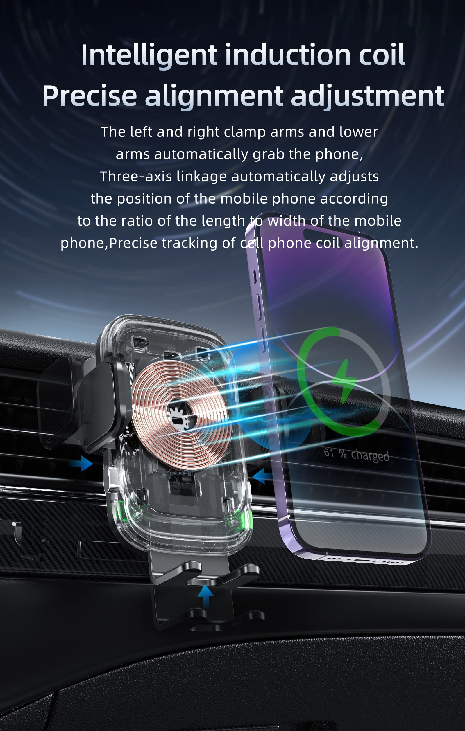 Tigratigro Caricatore Wireless Auto 15W, Auto-Bloccaggio, Griglia di Aerazione, Supporto Cellulare Auto, Ricarica rapida per iPhone 17 16 15 14 13 12 series & Samsung ecc