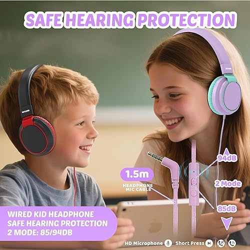 Miniatura 10 de MIDOLA Auriculares para niños, volumen limitado, 85110 dB, con cable, sobre la oreja, plegable, con cable en línea, AUX de 0.138 in, micrófono de