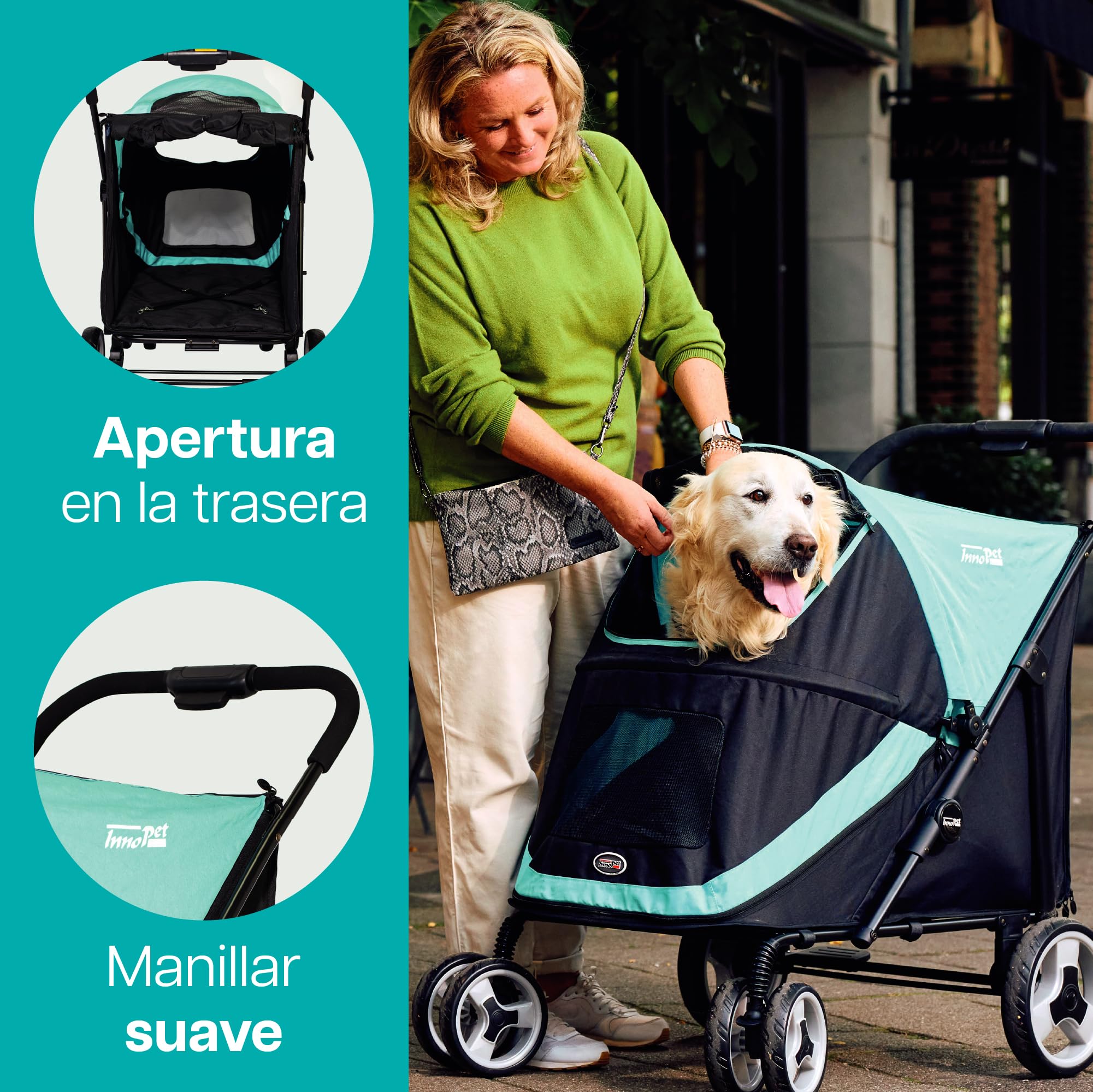 Innopet Mamut carrito grande azul - Cochecito para perros grandes hasta 50kg, incluye cubierta de lluvia, plegado rápido y ruedas delanteras giratorias