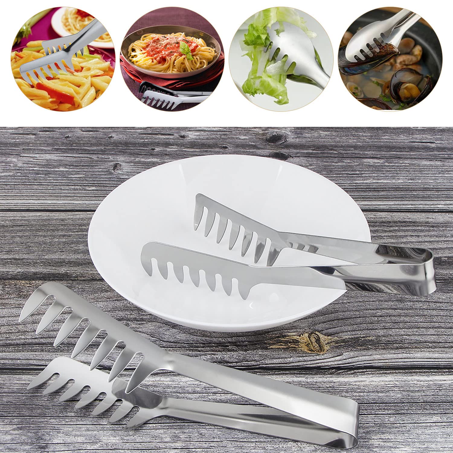 Paquete de 3 pinzas para pasta de acero inoxidable para servir utensilios de pasta, pinzas de pollo para ensalada