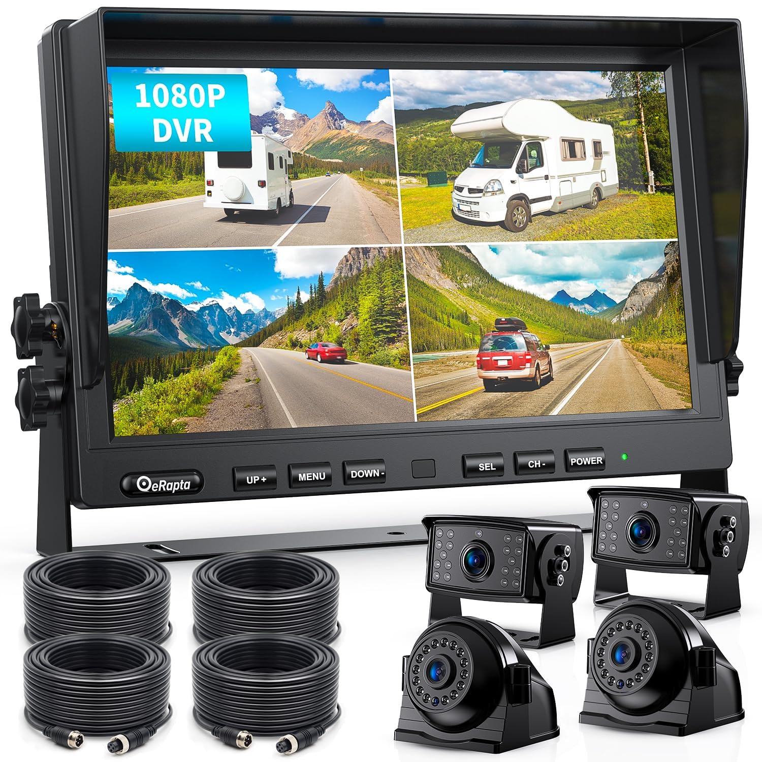 eRapta 10" Kabelloses Rückfahrkamerasystem für Wohnmobil IP69K wasserdichte | HD 1080P Digitales Rückfahrkamerasystem mit 10 Zoll Quad-Split-Loop-Aufnahmemonitor, Rückfahrkameras für LKW, Anhänger
