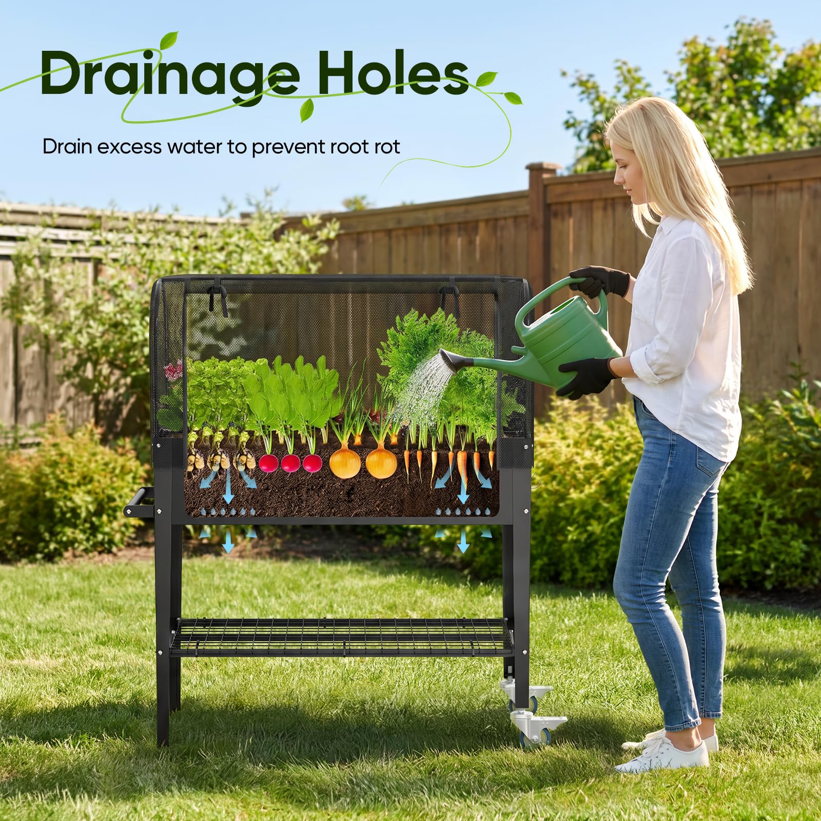 Bancal portátil para verduras con capacidad de 82,7 l | Bancal de metal con cubierta de red y ruedas, 111 x 57 x 120 cm, galvanizado inoxidable, para balcón, terraza