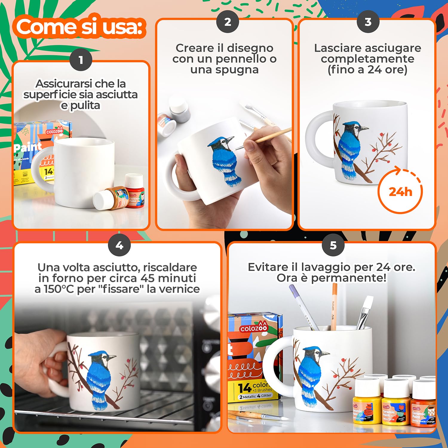 colozoo Vernice per Vetro e Porcellana Lavabile in Lavastoviglie - 14x20ml incl. Oro, Argento, 4 Colori Glitterati e 3 Pennelli - Set di Pittura per Ceramica Cancellabile