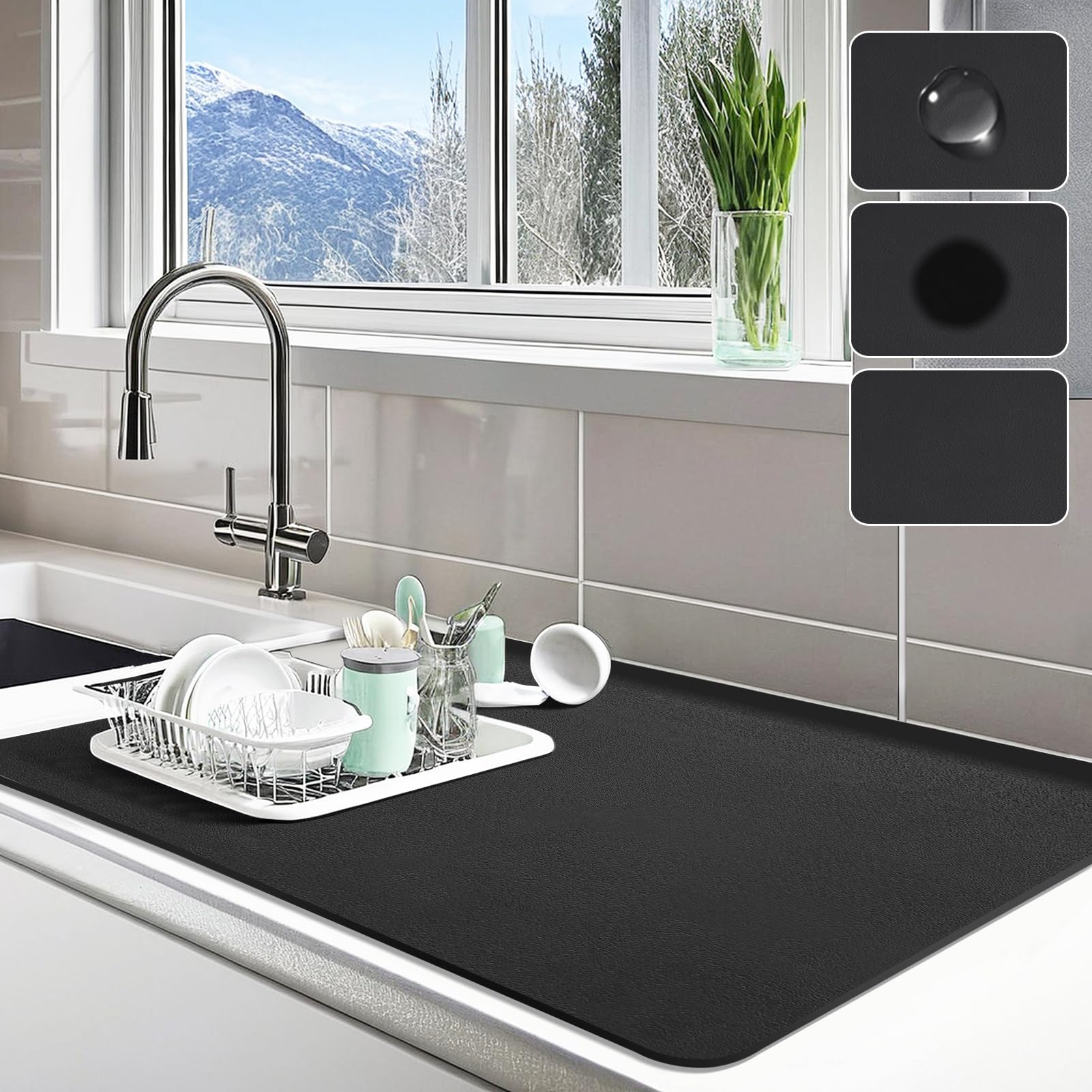 Dish Drying Mat,Super Absorbent Draining Mat for Kitchen Counter,Diatomite Drying Mat with Non Slip Rubber Backed，Quick Dry Coffee Mat Dish Mat (Black, 43x78cm)