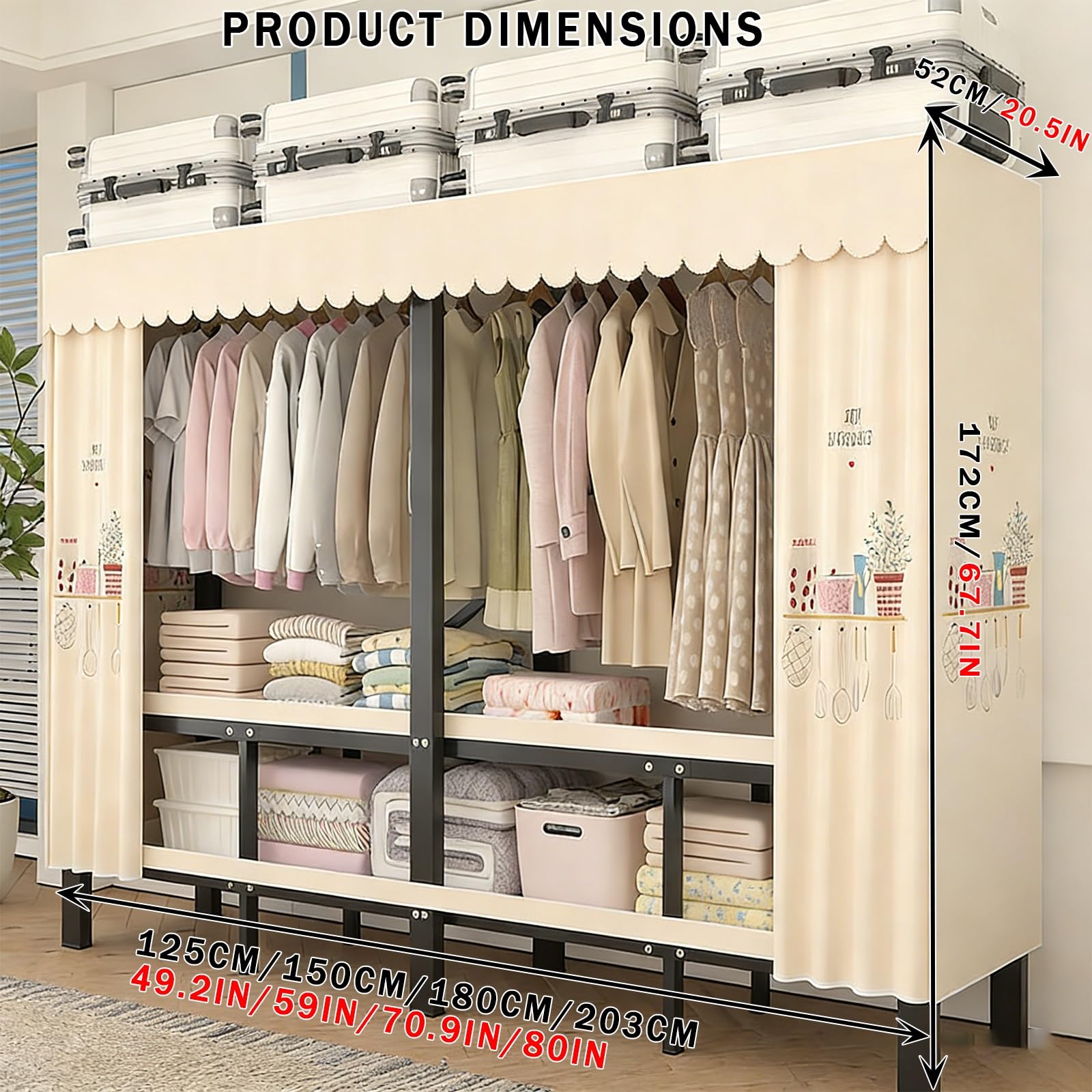 Einfach Stoffschrank Klappbarer,Kleiderschrank Mit Kleiderstange Stoff Offener Für Schlafzimmer,Metall Geschlossener Faltschrank,Große Kleiderschrank Faltbarer,Für Schlafzimmer(203cm/80in)