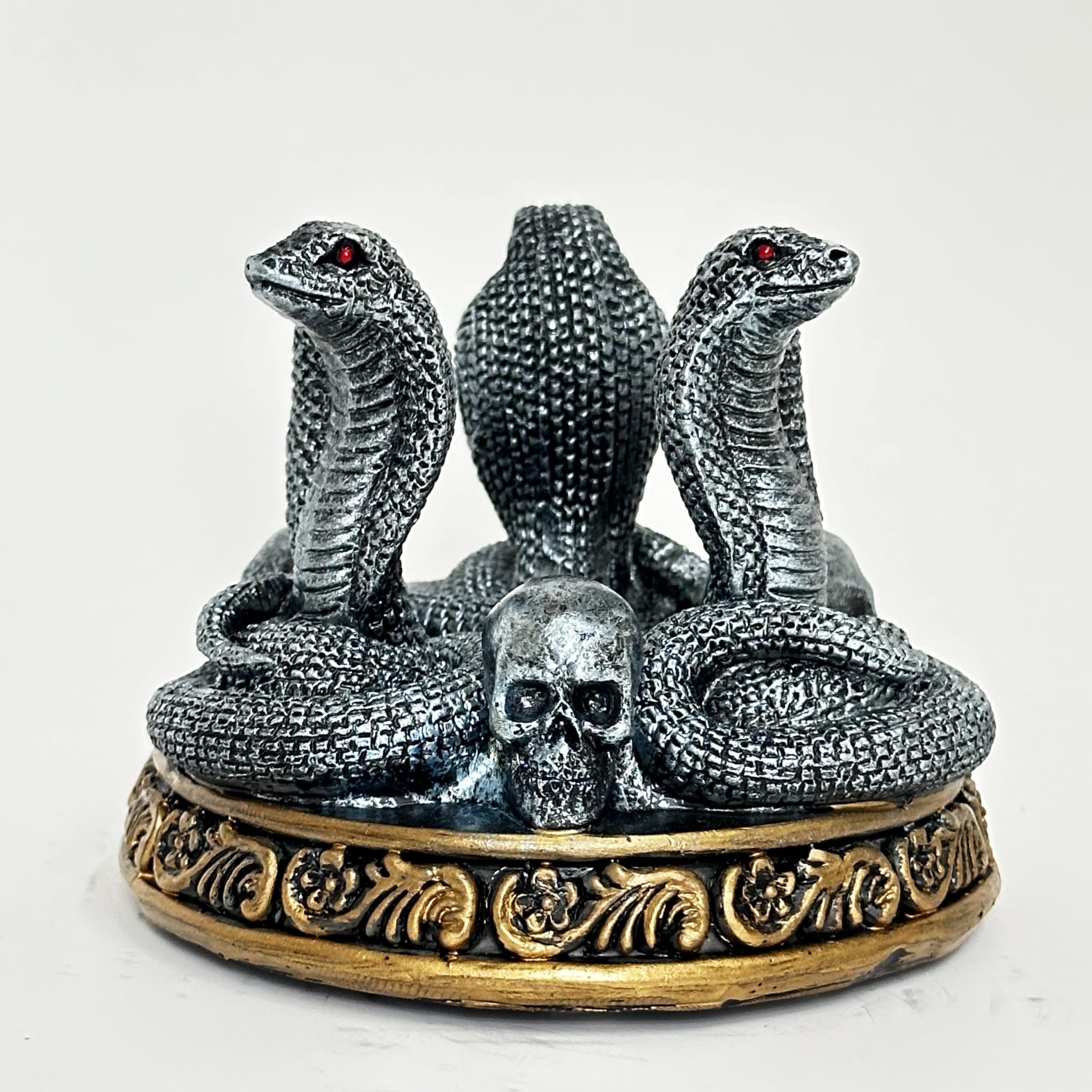 Crâne de cobra à trois têtes en résine bleue et dorée pour boule de cristal 50mm