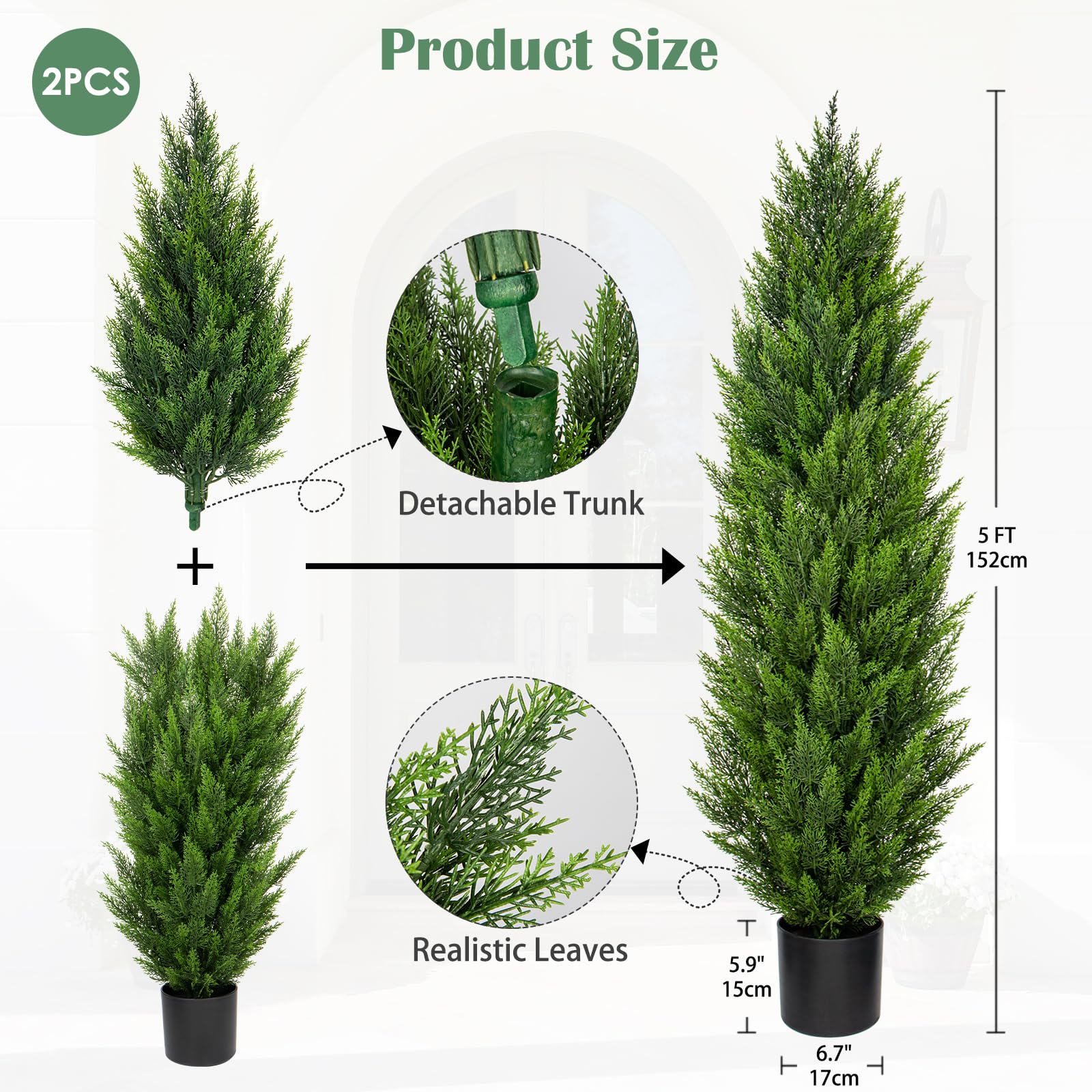 Hollyone 2 árboles de ciprés Artificiales de 150 cm, árboles de topiario Artificiales con Troncos extraíbles, decoración de Cedro Artificial para Interior y Exterior, decoración del hogar, jardín