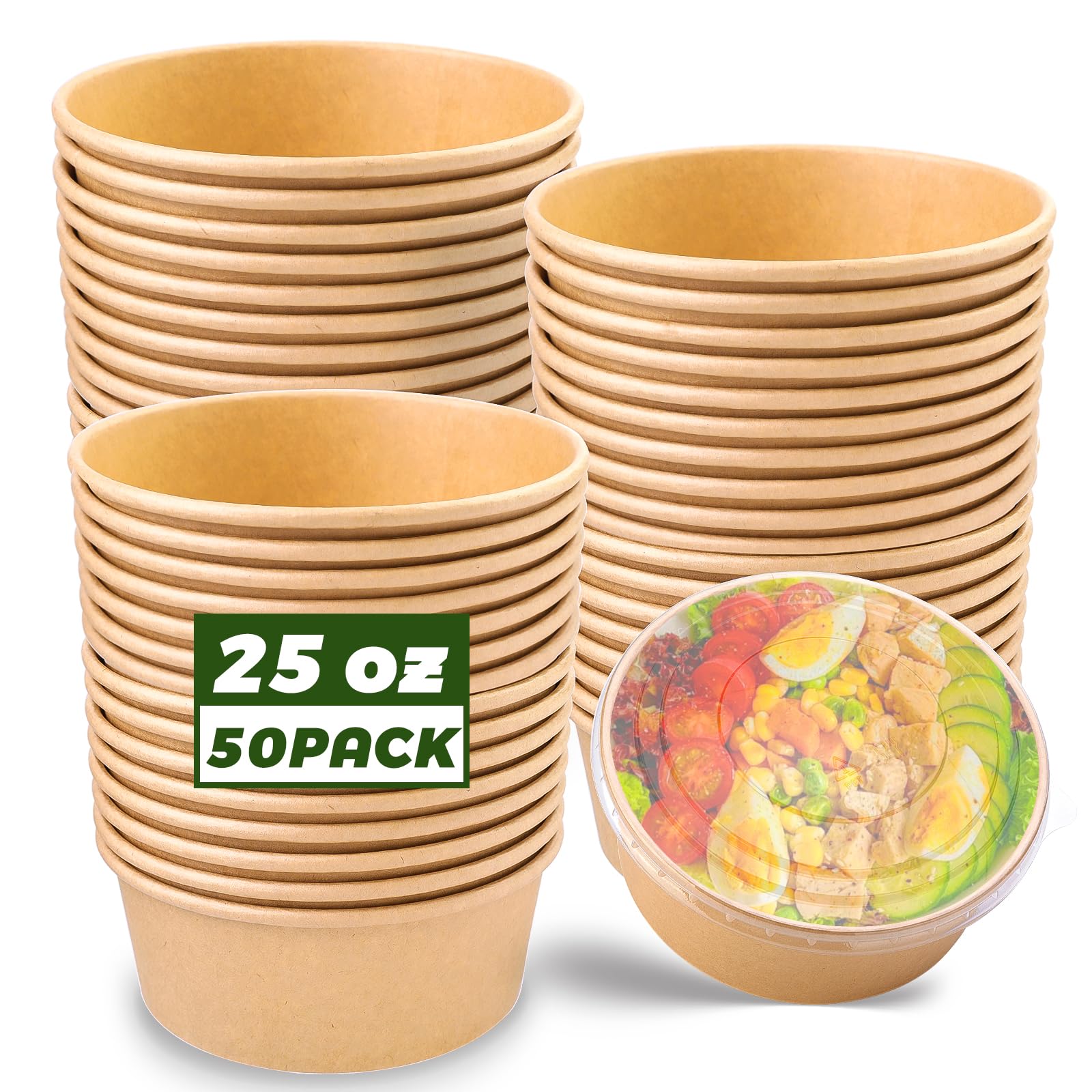 Paquete de 50 cuencos de papel de 25 onzas, recipientes desechables para alimentos con tapas, cuencos desechables, cuencos de ensalada desechables con tapas para ensalada dietética, helado