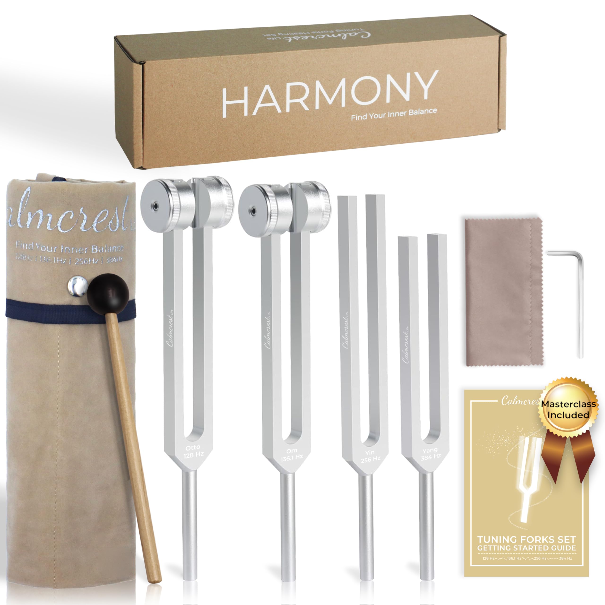 Set di diapason per la guarigione (128 Hz, 136,1 Hz, 256 Hz, 384 Hz) - Forcella di accordatura ponderata e non ponderata con martello in gomma, strumenti per la terapia del suono dei chakra, con
