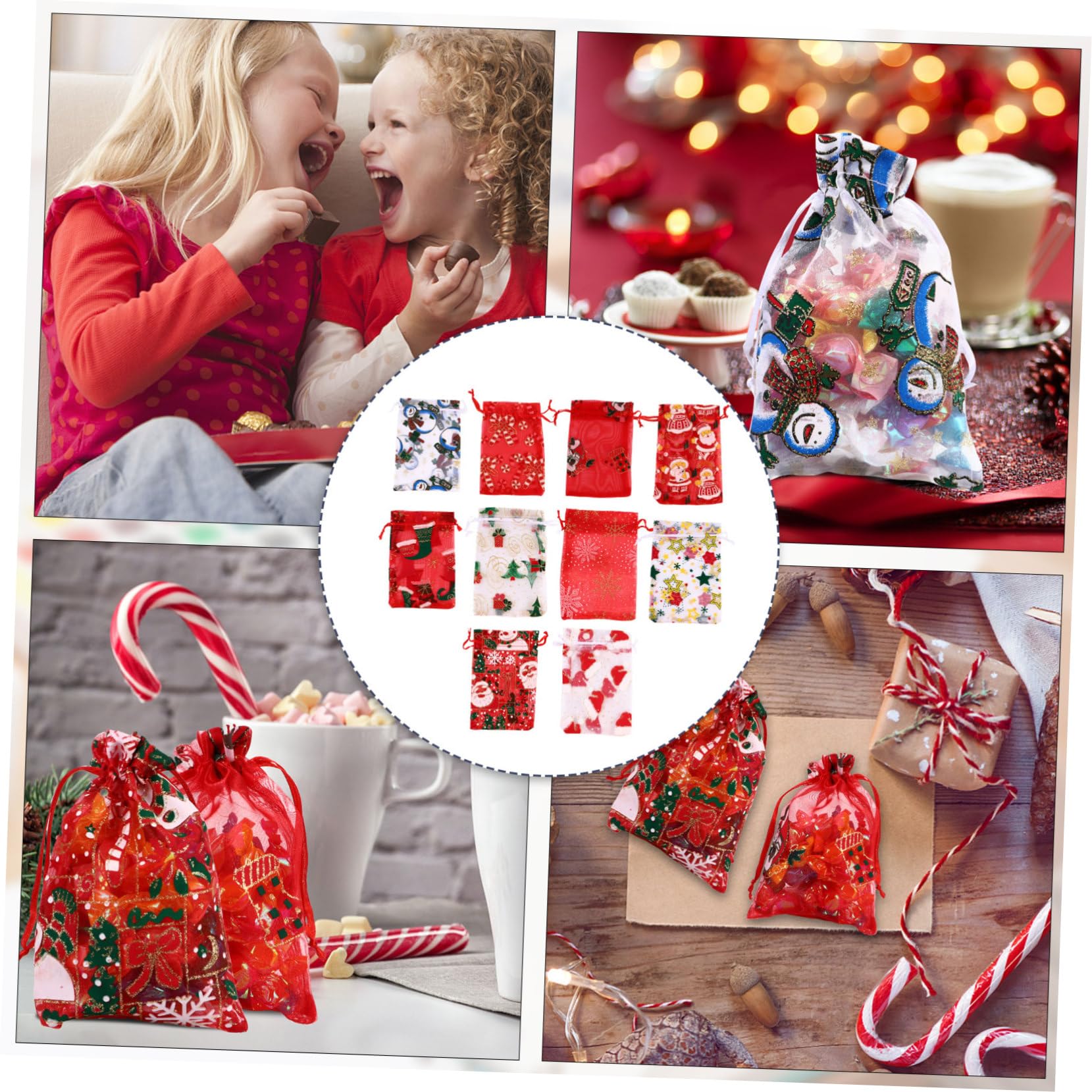 FOYTOKI 50piezas Bolsas De Organza Para Regalos Navideños Con Forma De Copo De Estrella Papá Noel y Alce De Obsequio Para Dulces y Fiestas