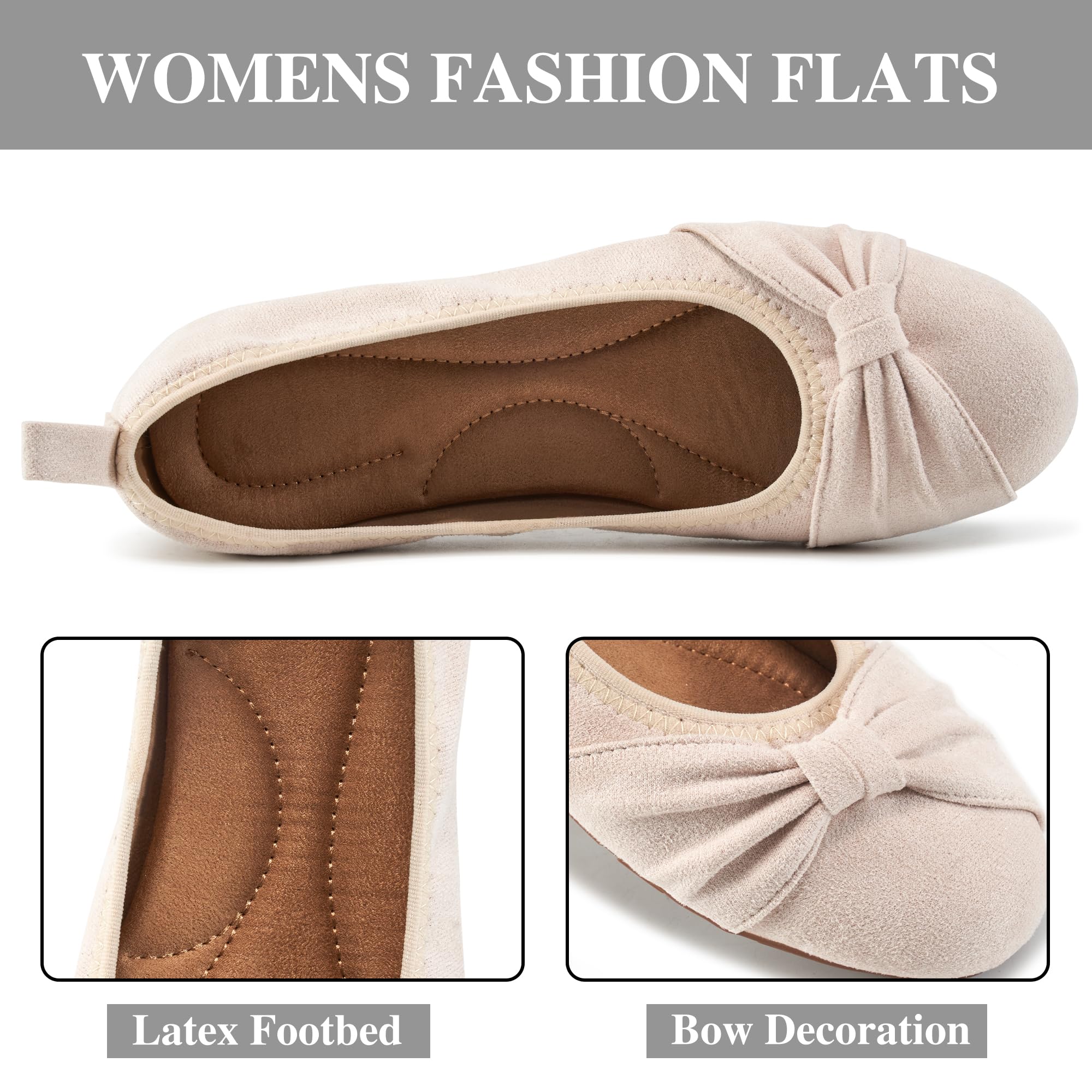Ecetana Women's Ballet Flats Shoes Dressy Round Toe Bowknot Slip Ons Comfortable Suede Foldable Loafers for Casual Work Business: 7 Beige