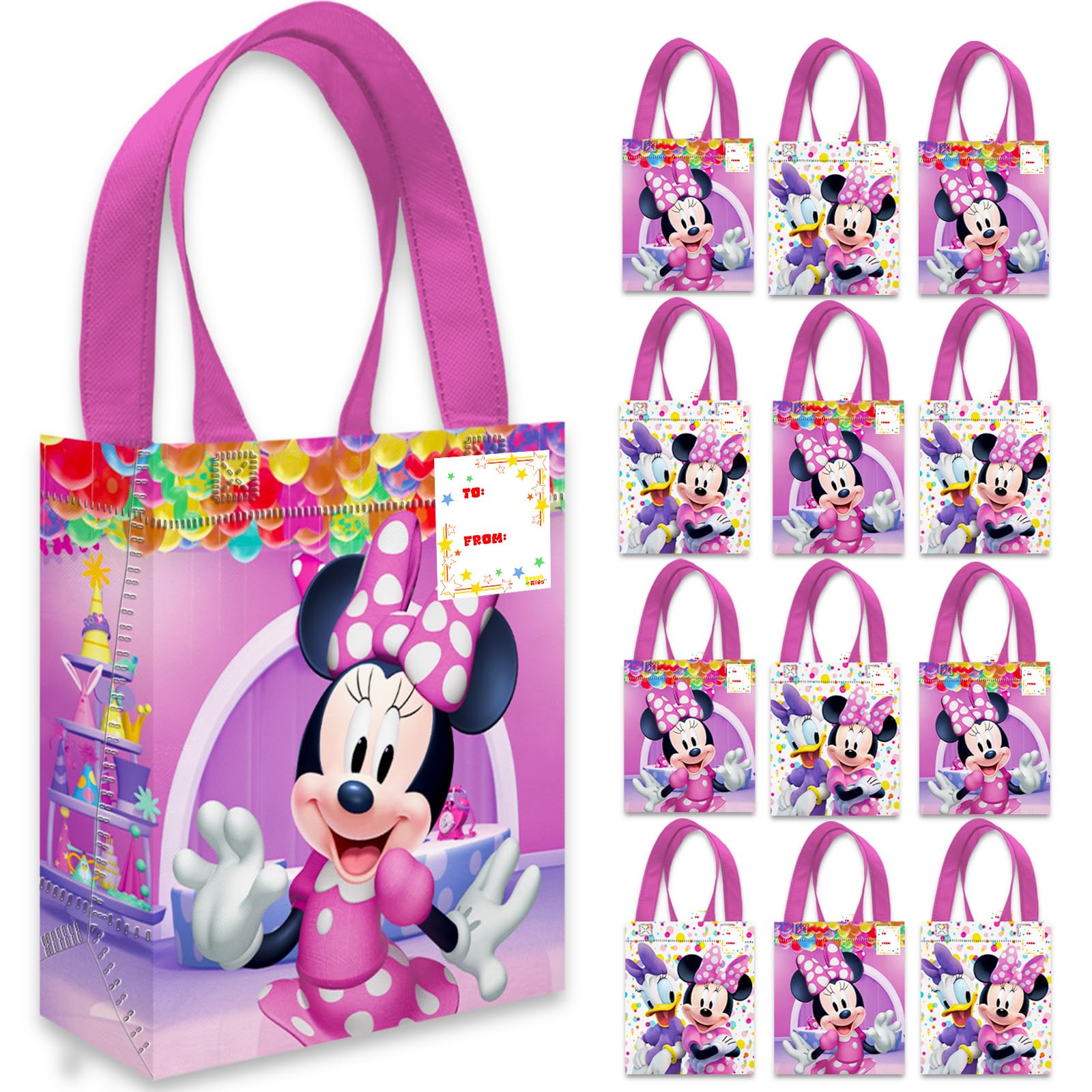 Minnie Mouse Party Favor Bag Set – 12 Pack of 8" Minnie Mouse Party Goodie Bags for Kids Bulk Reusable Mini Totes | Disney Birthday Party Supplies