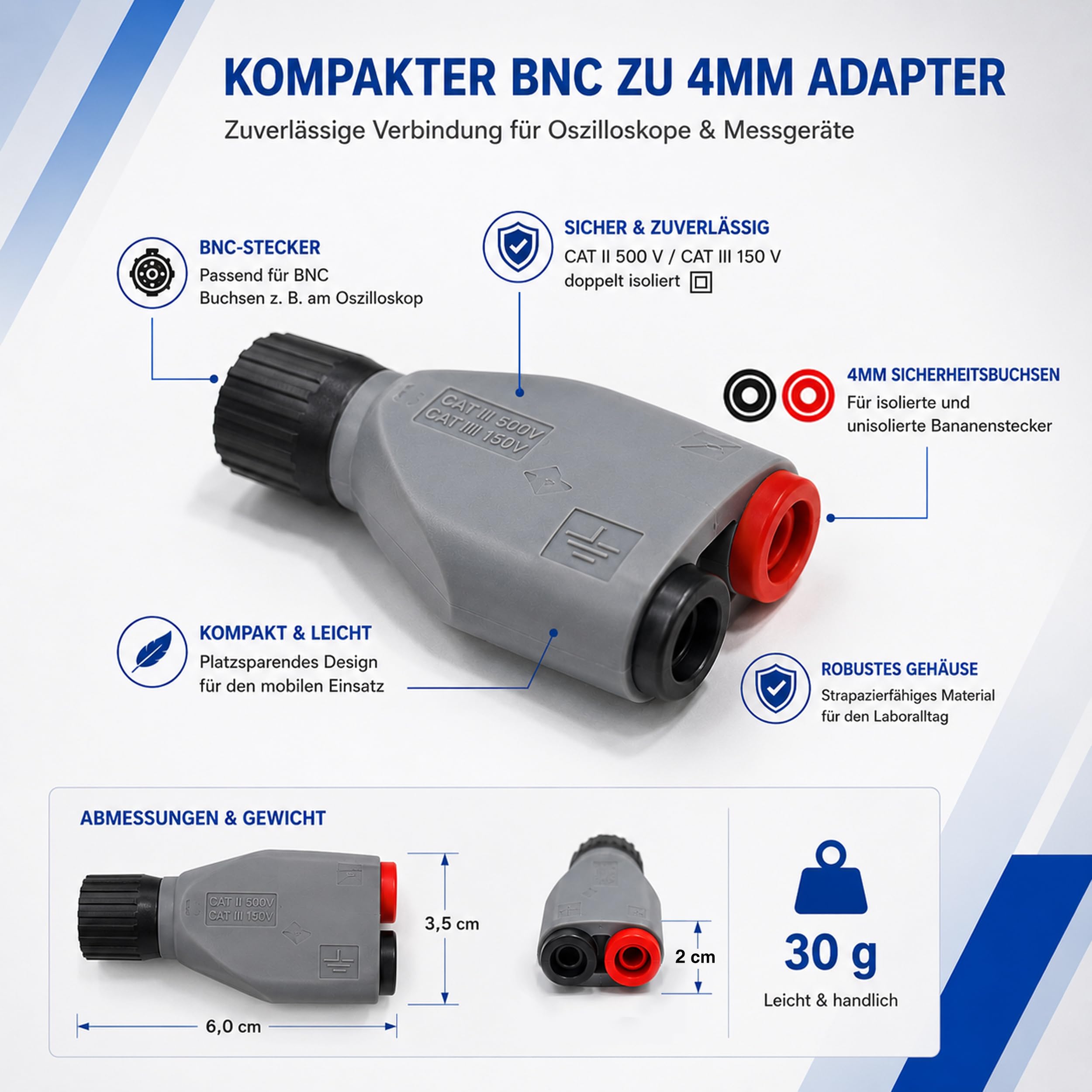 PeakTech 7055 - BNC zu 4mm Adapter Stecker für Oszilloskope, berührungssicher