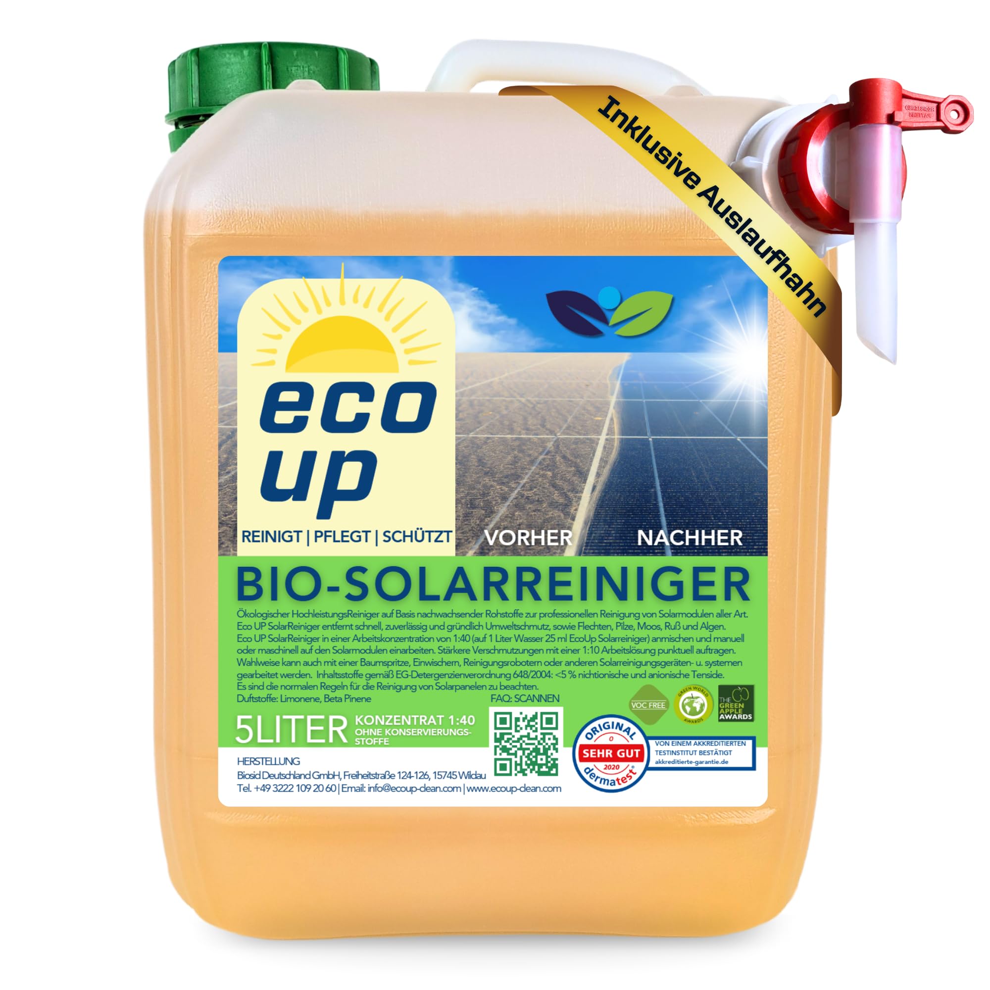 Bio-Solarreiniger, 5 Liter, Konzentrat 1:40 verdünnbar, Photovoltaik, Balkonkraftwerk, Solarmodul Reiniger, biologisch abbaubar, materialschonend, ergiebig, langlebig, inkl. Auslaufhahn