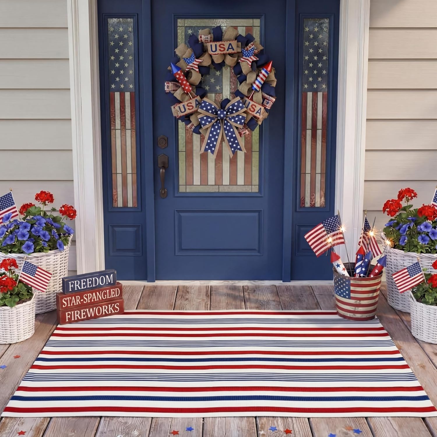 Moucuny 4th of July Outdoor Rug 23.6'' x 35.4'' 250th Anniversary Door Mat Red White Blue Striped Doormat Cotton Woven Patriotic Welcome Mats for Independence Day Porch Entryway Decor