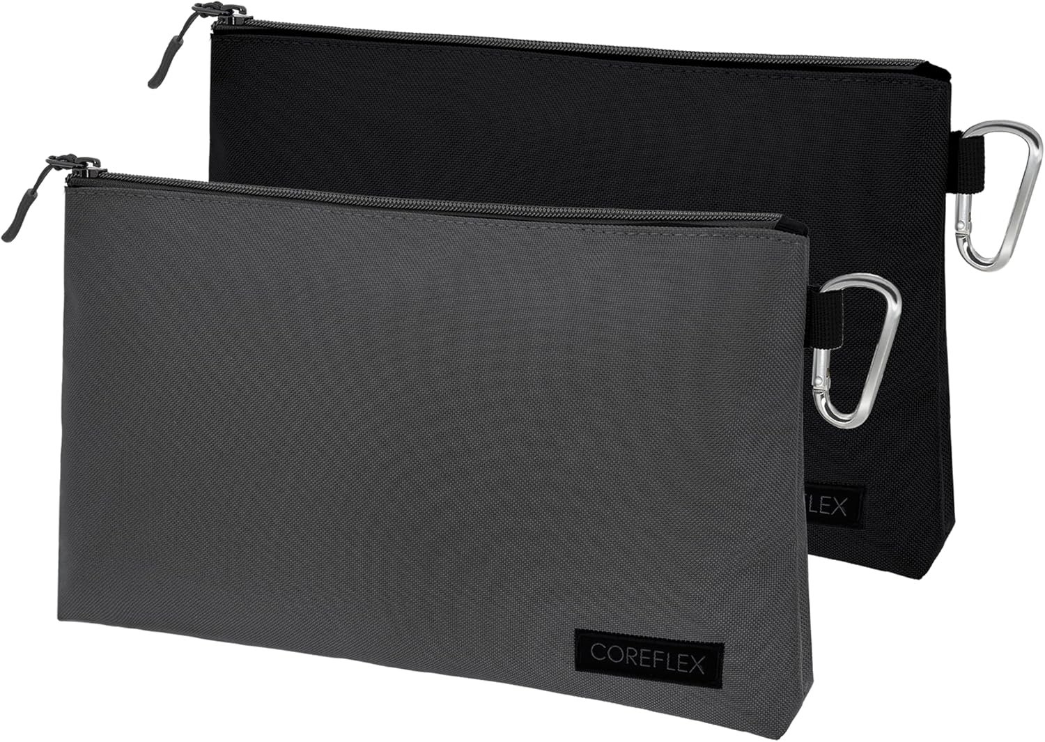 COREFLEX 2 Pack Premium Tool Pouch Zipper Bag with internal pockets, 12inch Tool Bag, Multipurpose Storage pouch, Flat Bottom for stand alone (2 Pack, Grey, Black)