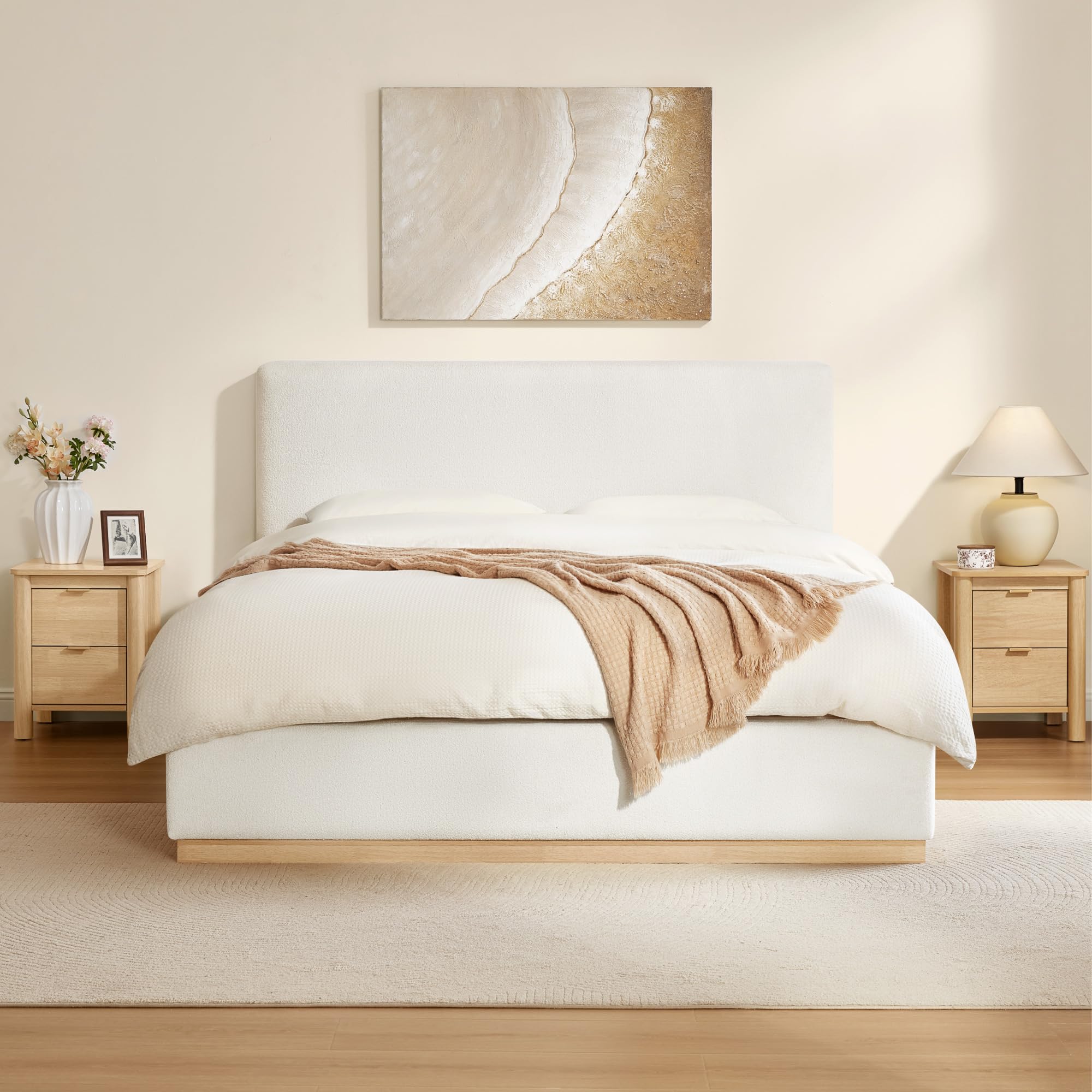 Photo 1 of ***PARTIAL SET / BOX 1 OF 2*** KISLOT Upholstered Queen Size Bed Frame, Boucle Fabric Platform Bed Mattress Foundation Noise-Free No Box Spring Needed Easy Assembly