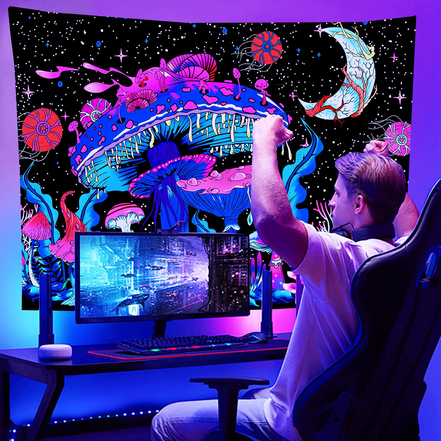 Arazzo Gigante WEBEEDY 130x150 Cm Con Funghi Che Si Illuminano Al Buio E Occhi Misteriosi – Effetto UV, Decorazione Da Parete Estetica - 3