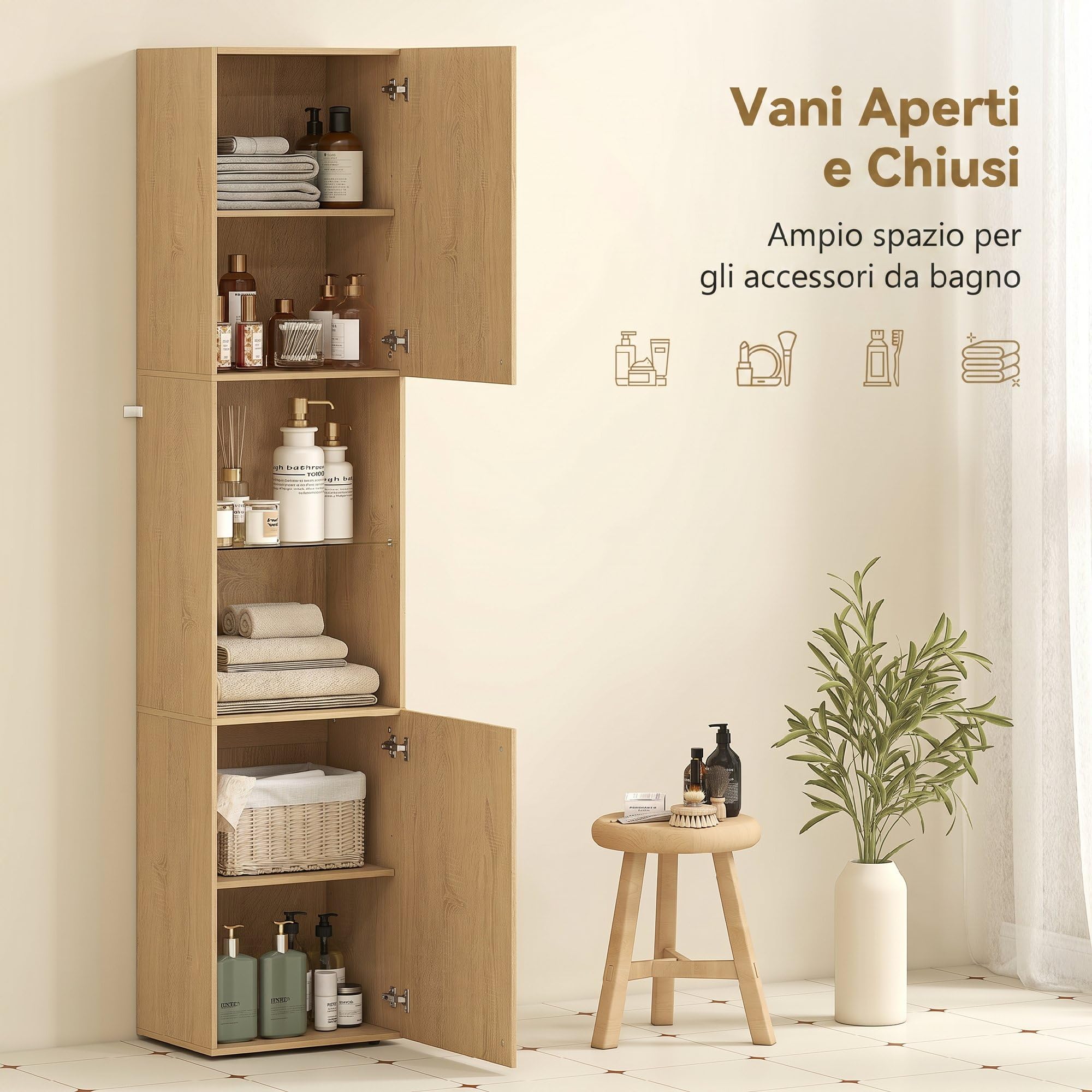 HOMCOM Colonna da Bagno Mobile Bagno Slim 6 Ripiani 40x31x182cm Rovere | 2 Ante, Scomparti Aperti, Ripiano in Vetro Temperato, Ripiani Regolabili, per Toilette e Piccoli Spazi