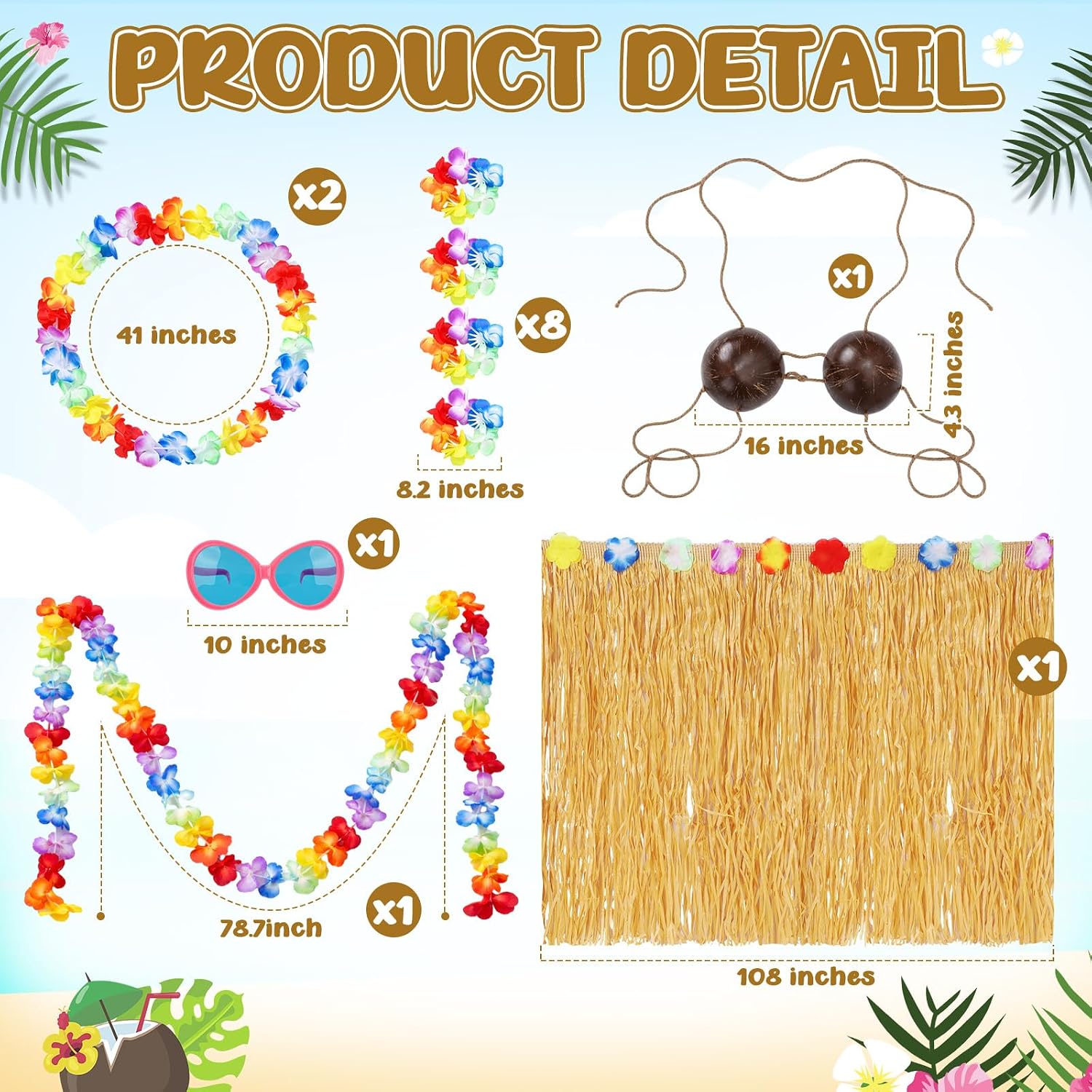 Janinka 14 Pcs Summer Hawaii Costume for Horse Hula Horse Costume Kit Coconut Shell Bikini Top with Straps Hawaiian Lei Necklace Flower Hula Skirt Sunglasses Decor for Summer Outfit Accessories