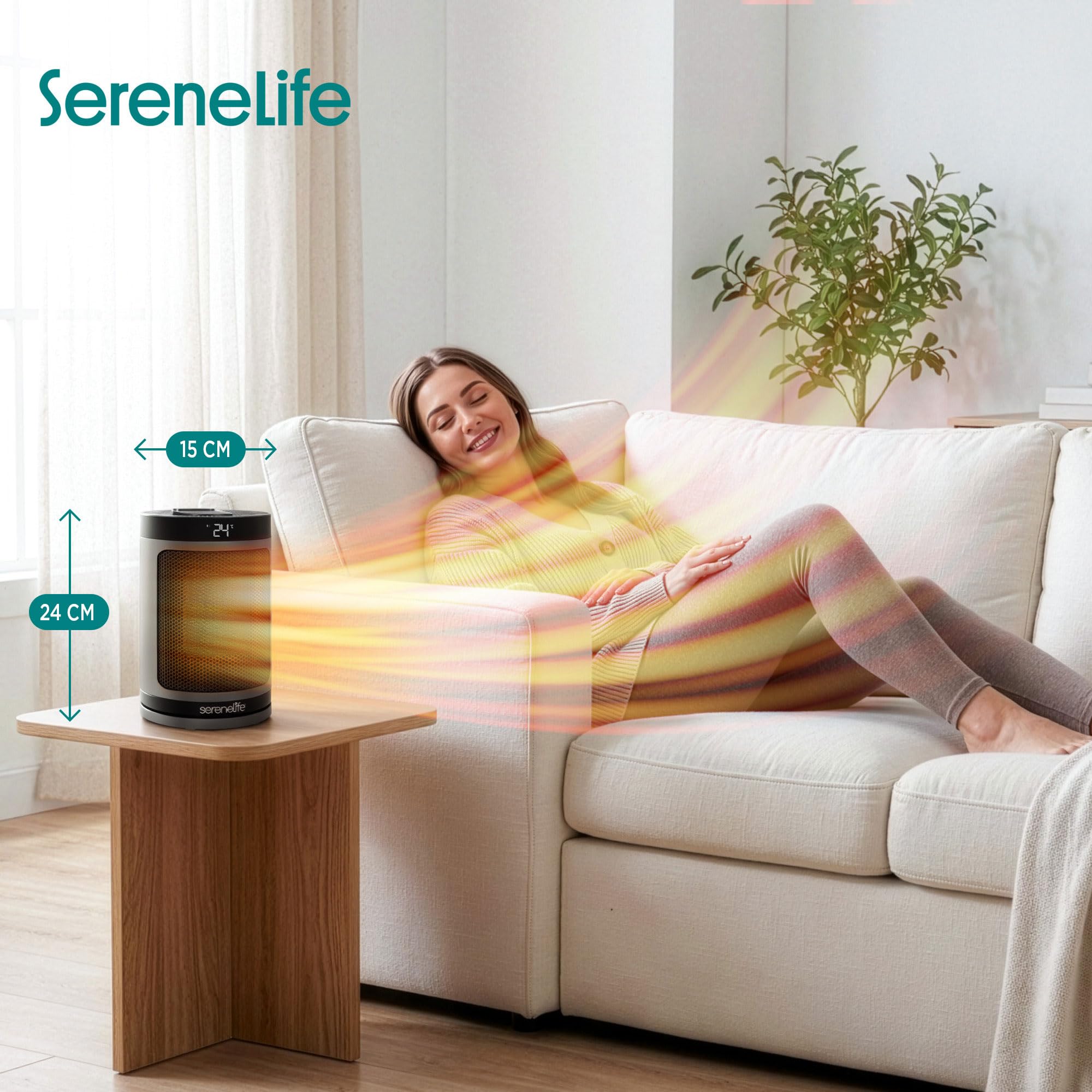 SereneLife Termoventilatore e Stufetta Elettrica da Bagno, 1500 Watt PTC Ceramico Wi-Fi Telecomando Timer 12 h 15 x 15 x 24 cm, Casa e Ufficio, Grigio, Capacità Flusso Aria Elevata, SLSPCHTRW3GY