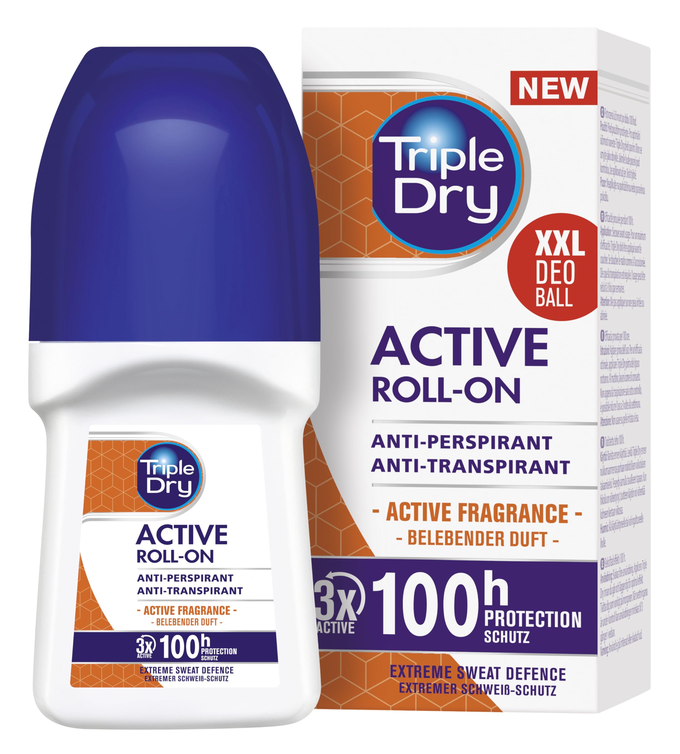 Triple Dry Anti-Transpirant Roll-On Active | Deoroller gegen starkes Schwitzen | Antibakterielles Deodorant für 100 h Schutz | Parfümfrei | Für Frauen & Männer | 50ml