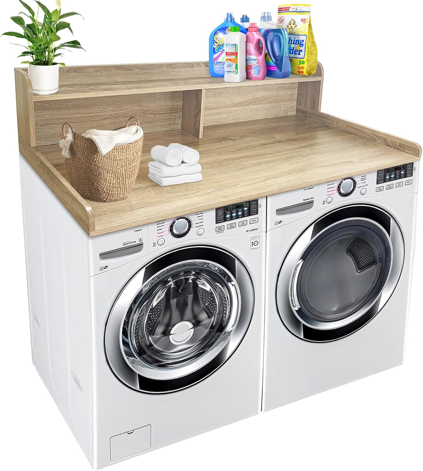 royxen laundry countertop with storage universal fit, washer and dryer countertop with shelf, laundry room storage, 2-tier shelf, white oak