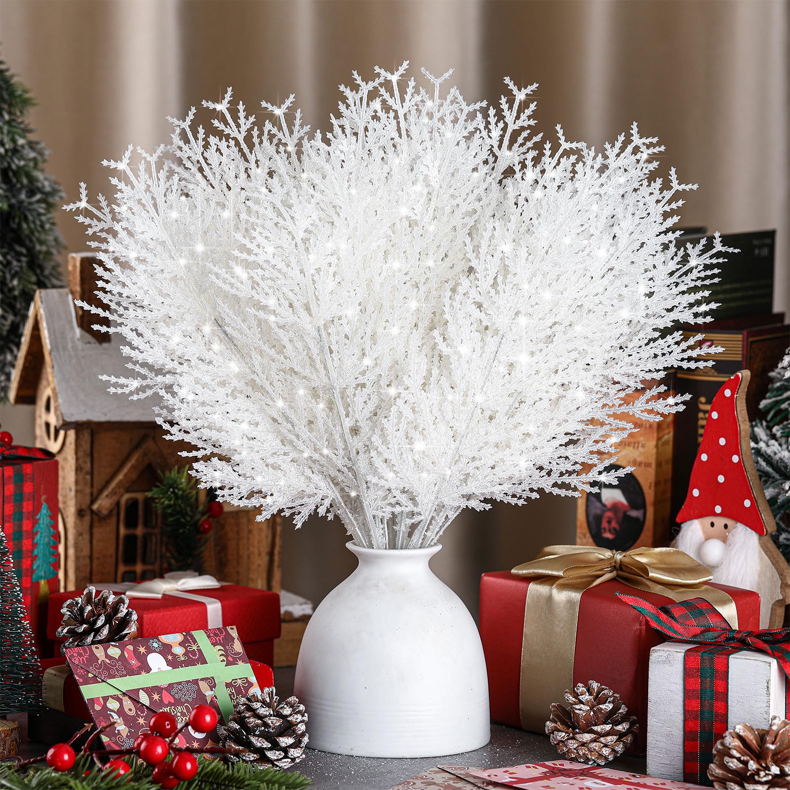 Giegxin 48 Pcs Christmas Glitter Artificial Pine Needles Pine Tree Twig Picks Branches for Christmas Tree Glittery Stem for Christmas DIY Wreath Garden Embellishing Garland Decoration(White)