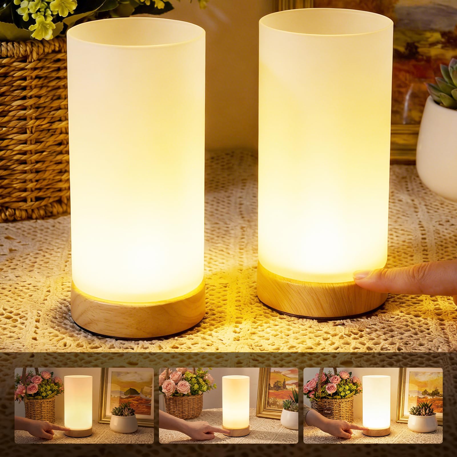 Warmiehomy Touch Bedside Lamps set of 2, Modern Wooden Base Glass Table Lamp with Detachable Cable, 3-Level Dimmable Touch Lamps Bedside Small Night Light for Bedroom Living Room (LED Source Included)