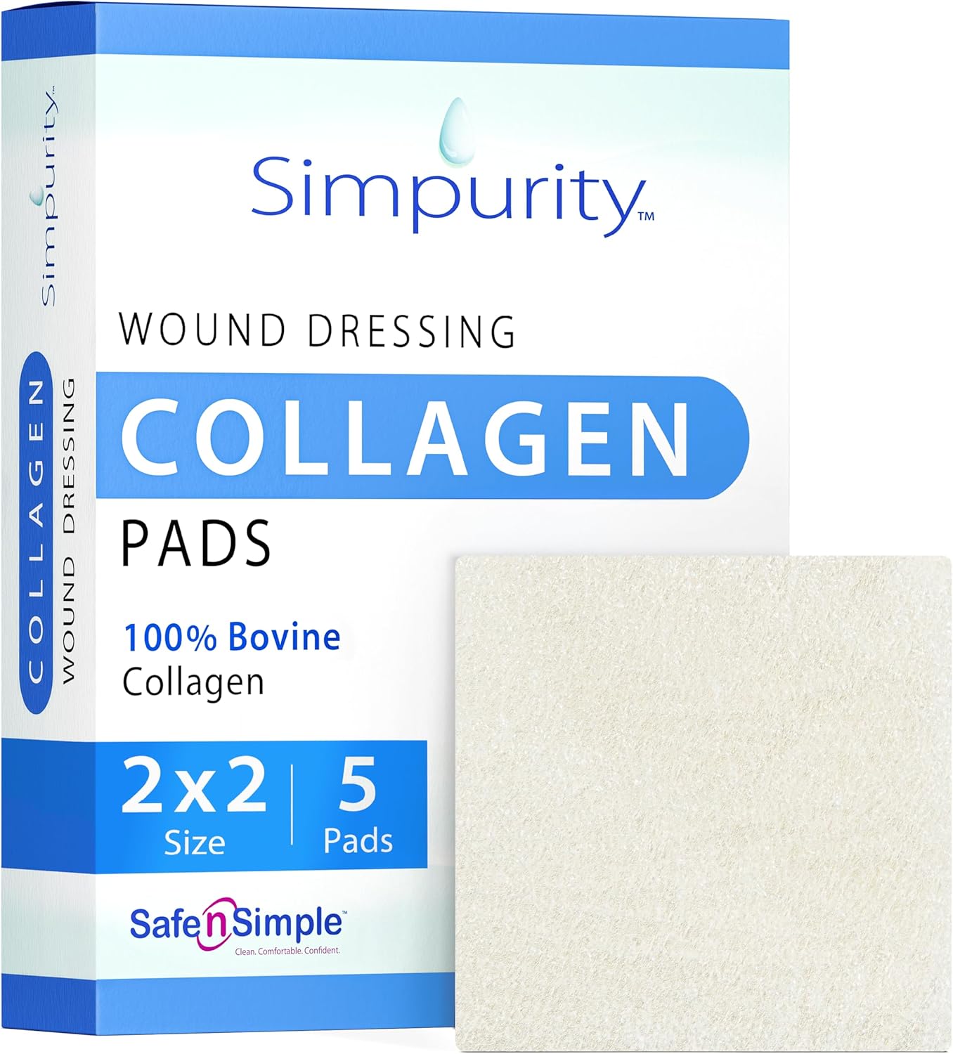 Collagen Dressing Pads – 2″ x 2″ 5 Count Collagen Pads for Wounds – Non-Adherent Collagen Dressing for Wound Care – Safe n’ Simple Wound Care Supplies