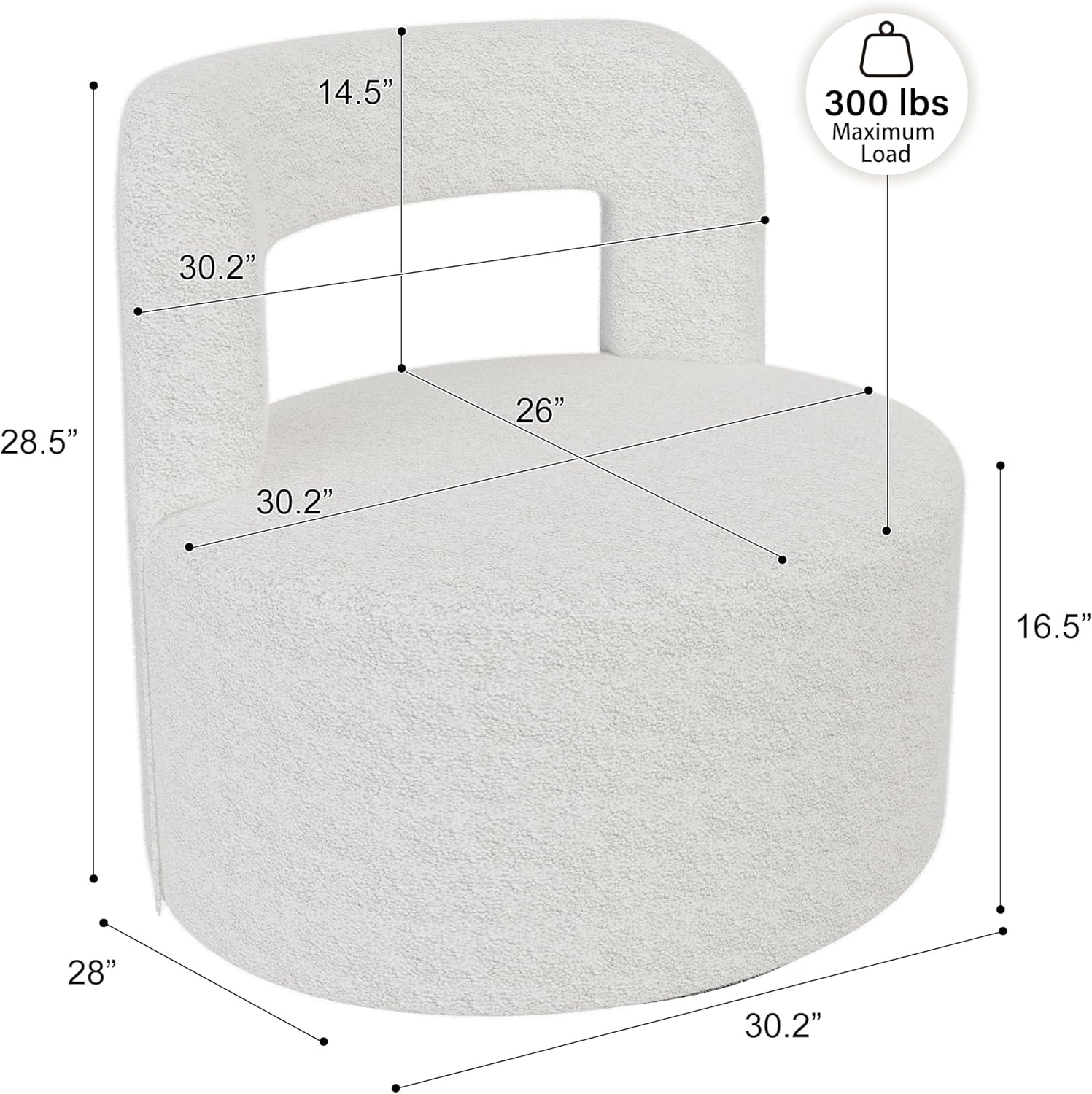 BELLEZE Contemporary Teddy Swivel Chair with Open-Back Design, Cozy Upholstered Accent Chair for Living Room, Bedroom, or Office - 360° Rotating Base - Burke (White)