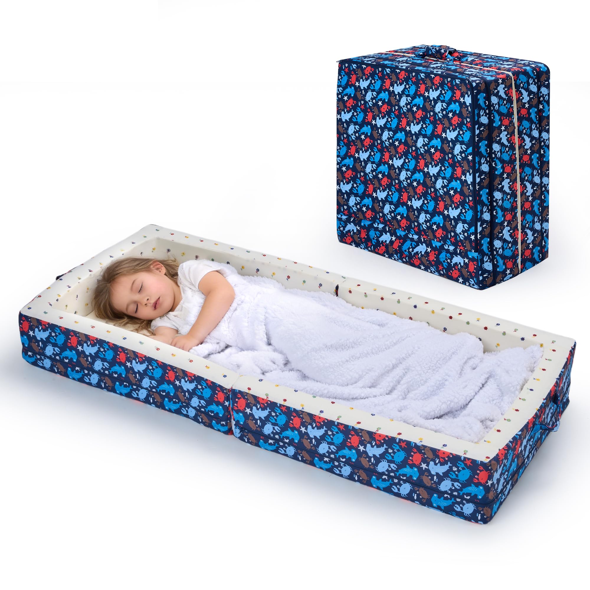 Umoving 100% Cotton Lining Portable Foldable Toddler Travel Bed - Soft Foam Floor Bed with Washable Cover, Safe and Comfortable Toddler Crib, Ocean
