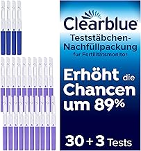 Clearblue 33 Tests Kinderwunsch Fertilitätsmonitor, Zykluscomputer Nachfüllpackung, 30x Ovulationstest und 3x Schwangerschaftstest, Fruchtbarkeitstest für Frauen zur Bestimmung des Eisprung