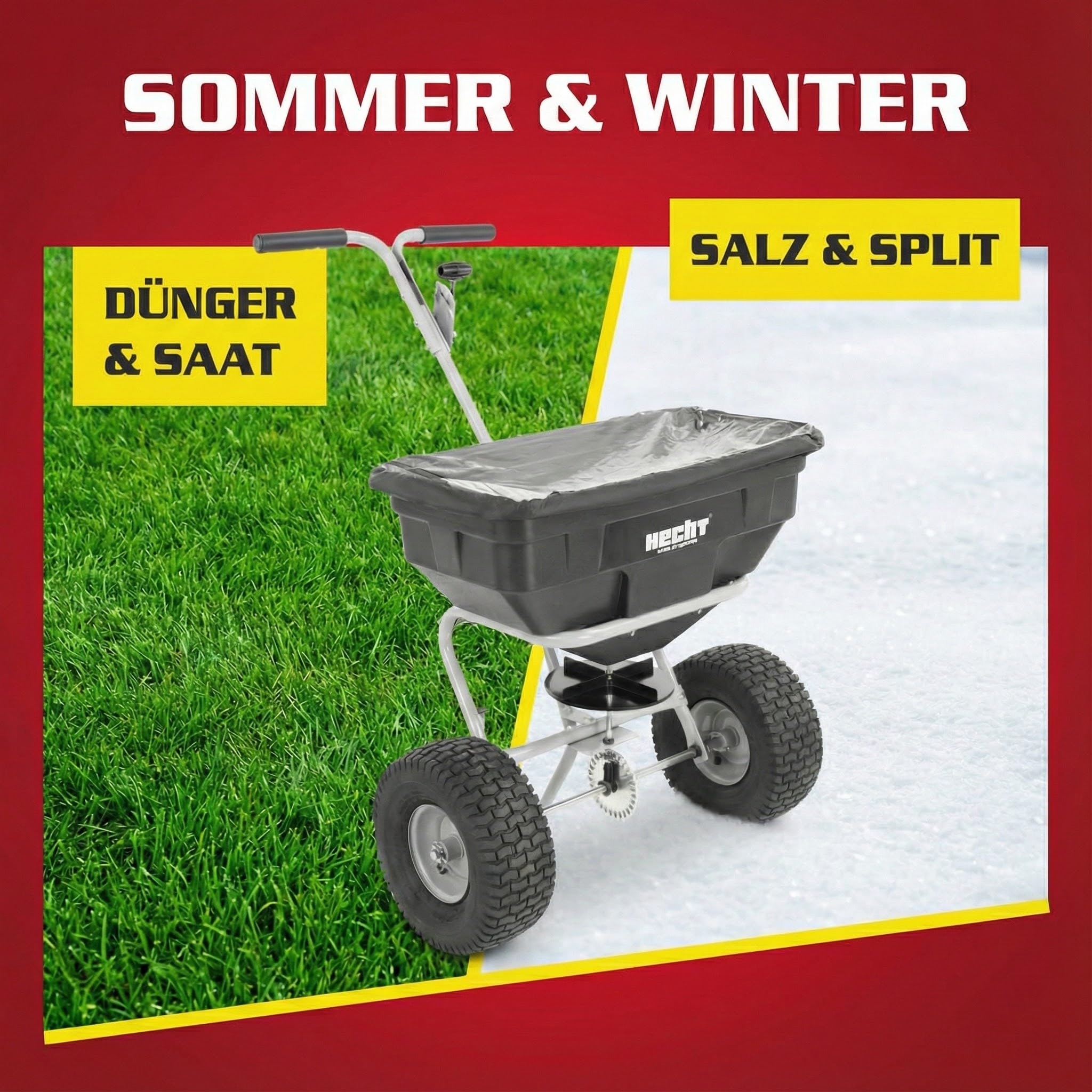 HECHT Ganzjahres Streuwagen 60 L – Düngerstreuer & Salzstreuer | Schleuderstreuwagen mit 3,5 m Streubreite – Rasendüngerstreuer für Sommer, Winter, Garten, Rasen und Gehwege