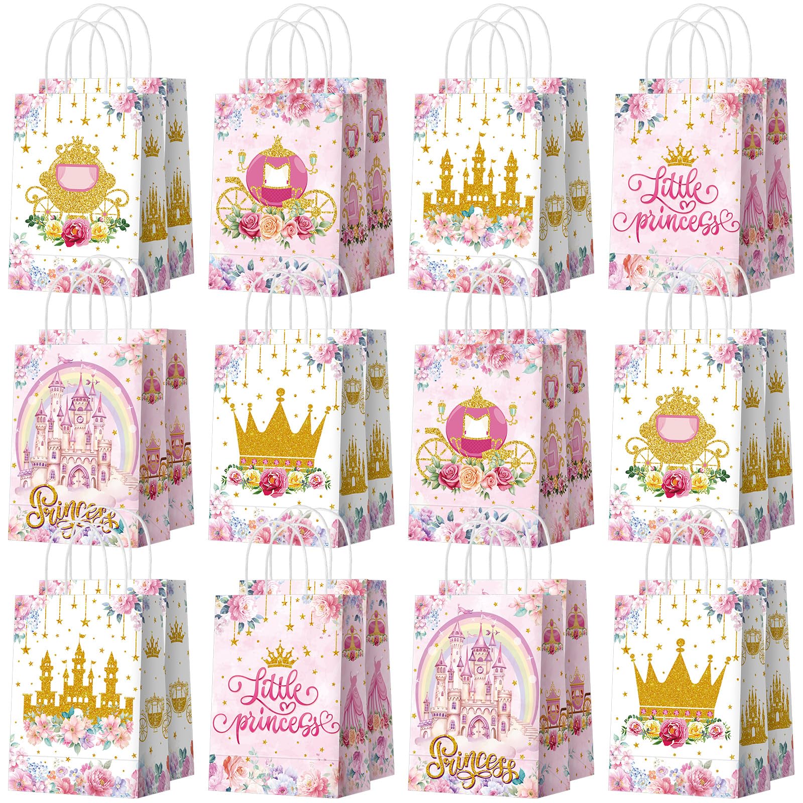 Kosiz 24 Pcs Princess Party Favors Bags Paper Little Princess Gift Goodie Bags with Handles Pink Floral Castle Crown Carriage Candy Treat Pouch for Girls Birthday Baby Shower Party Decoration Supplies